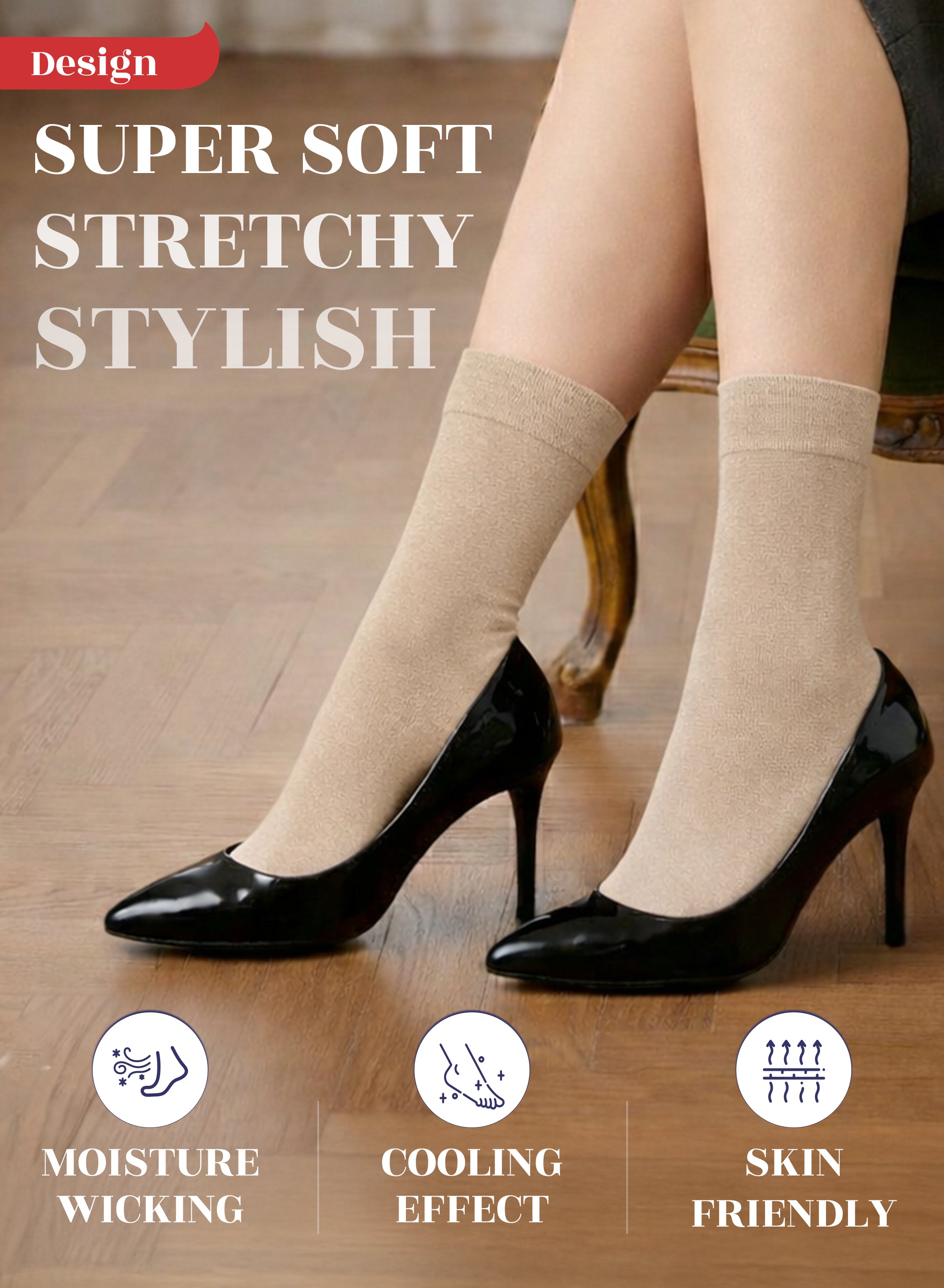 Beige socks worn with black high heels on a wooden floor, featuring text and icons about sock properties.