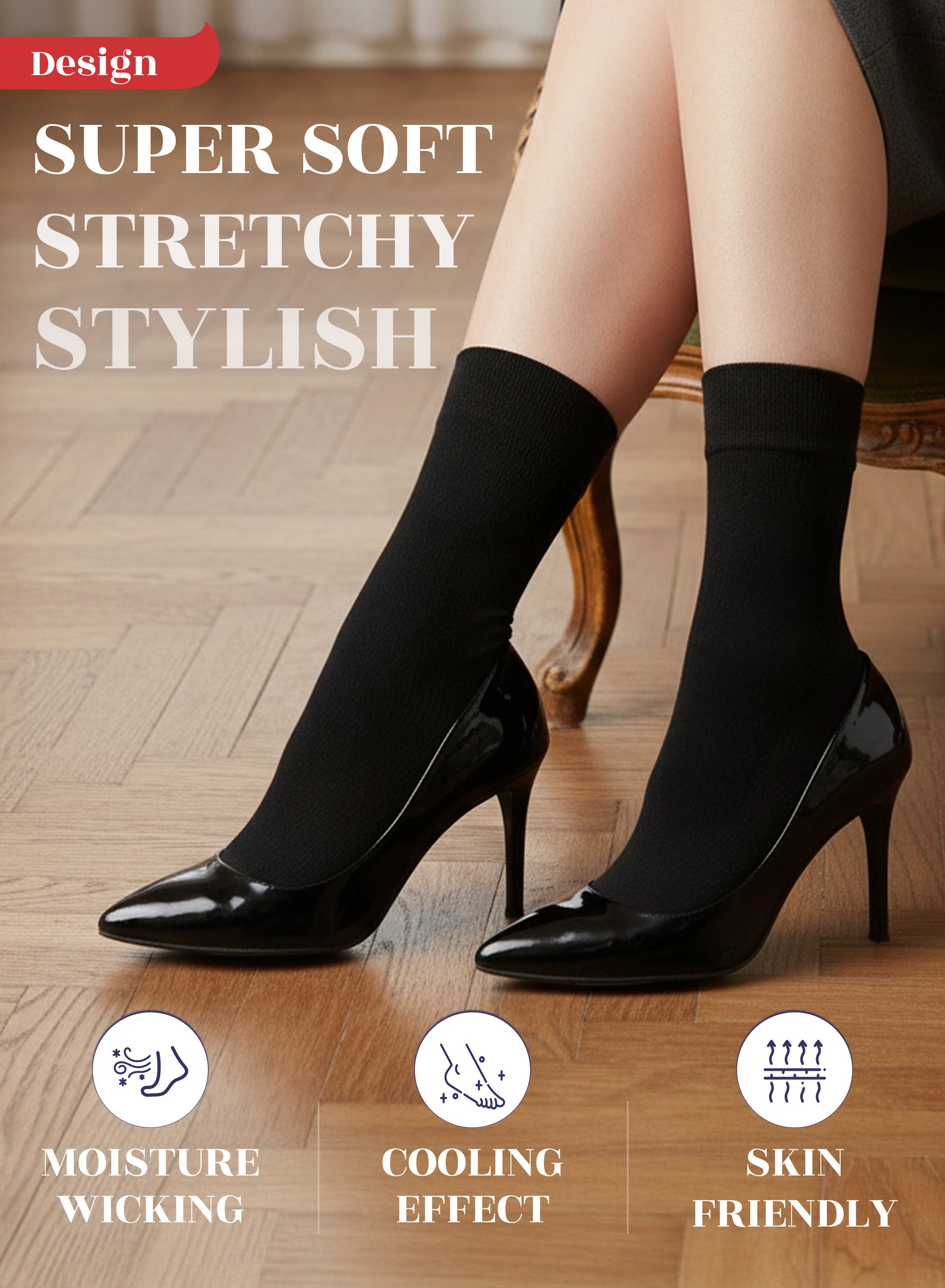 Black high-heeled shoes worn with black socks on a wooden floor.