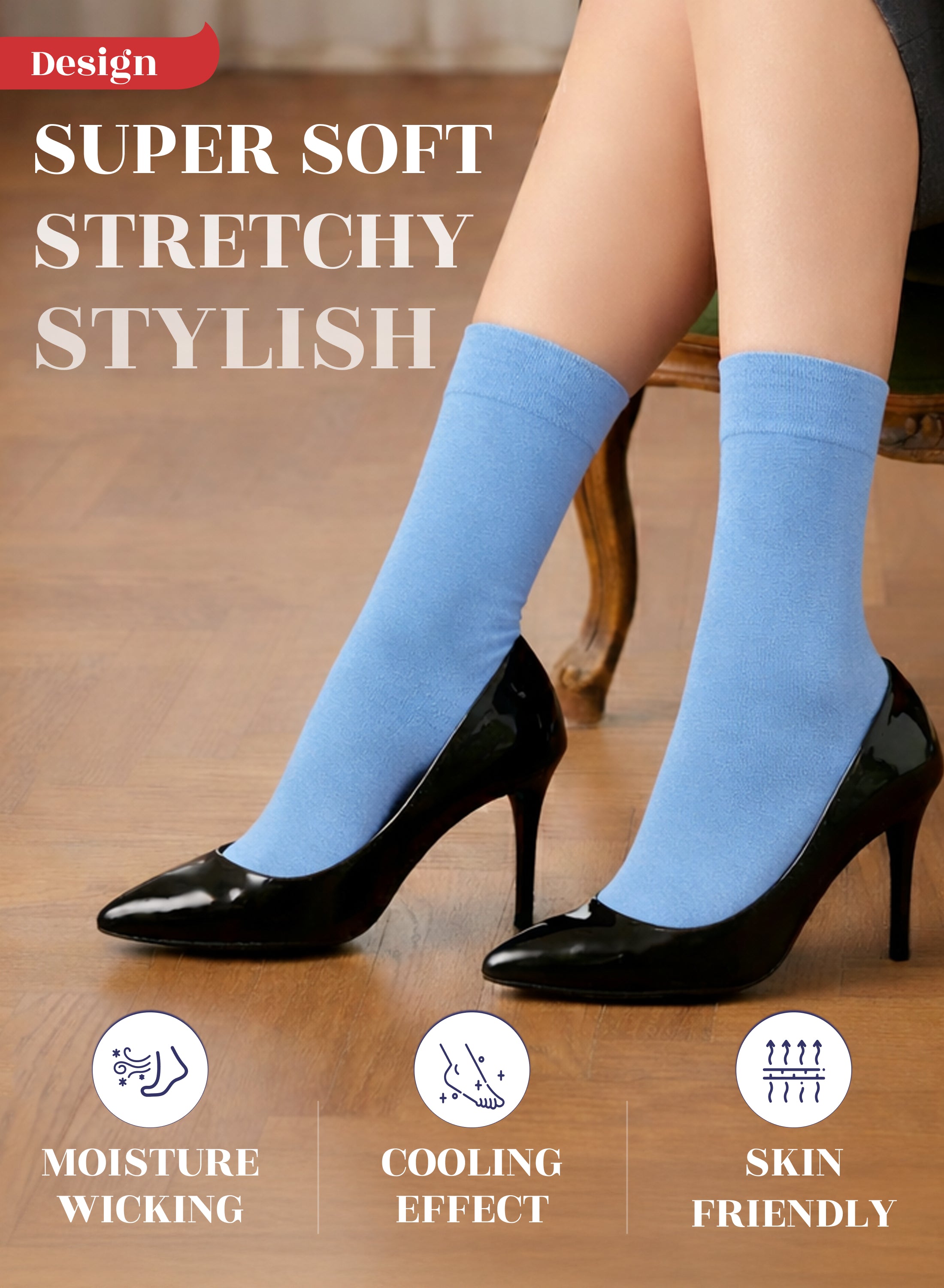 Blue socks worn with black high heels on a wooden floor, featuring text and icons about sock properties.