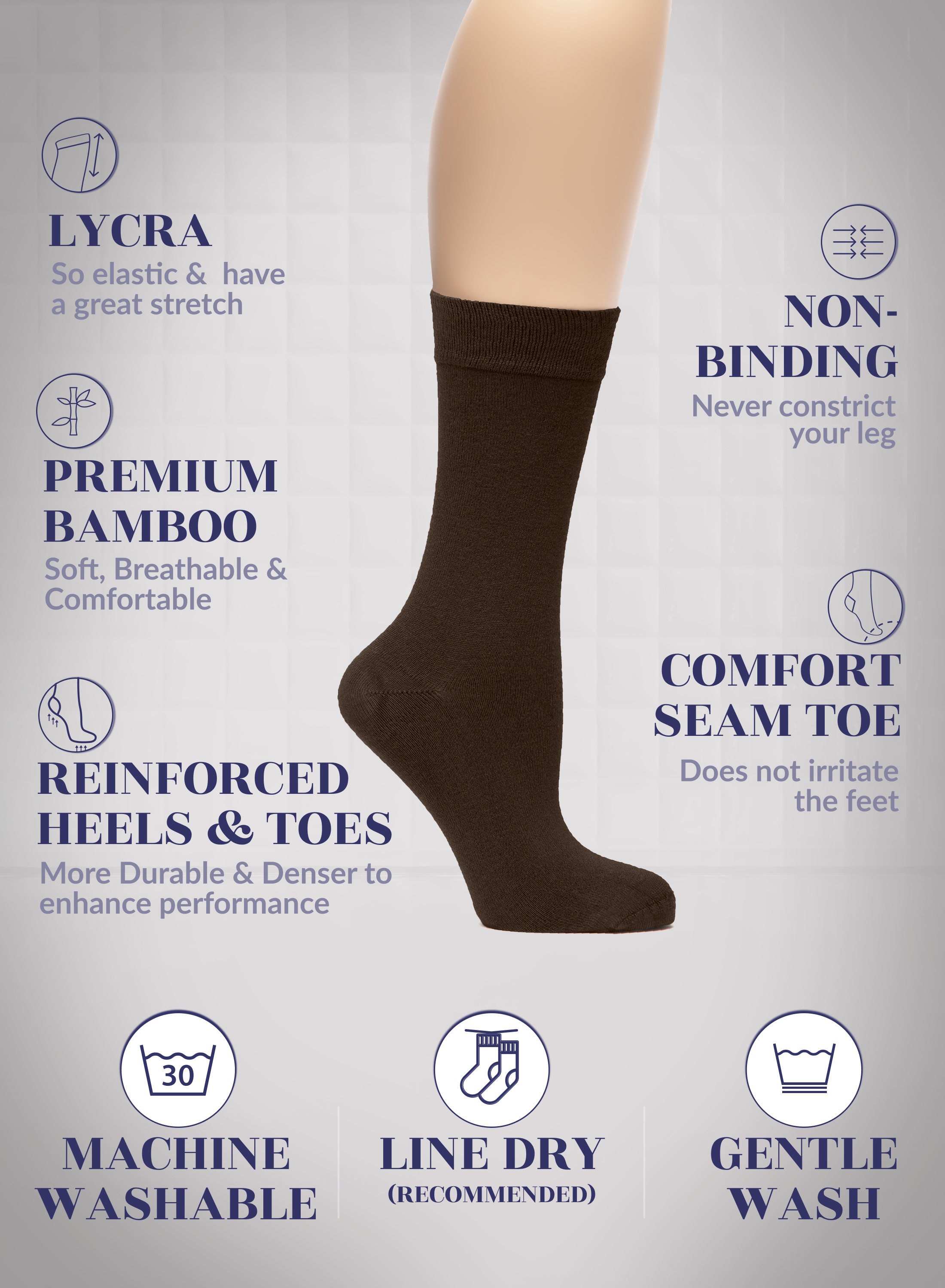 Brown sock on a leg with text highlighting features like elasticity, comfort, and care instructions.