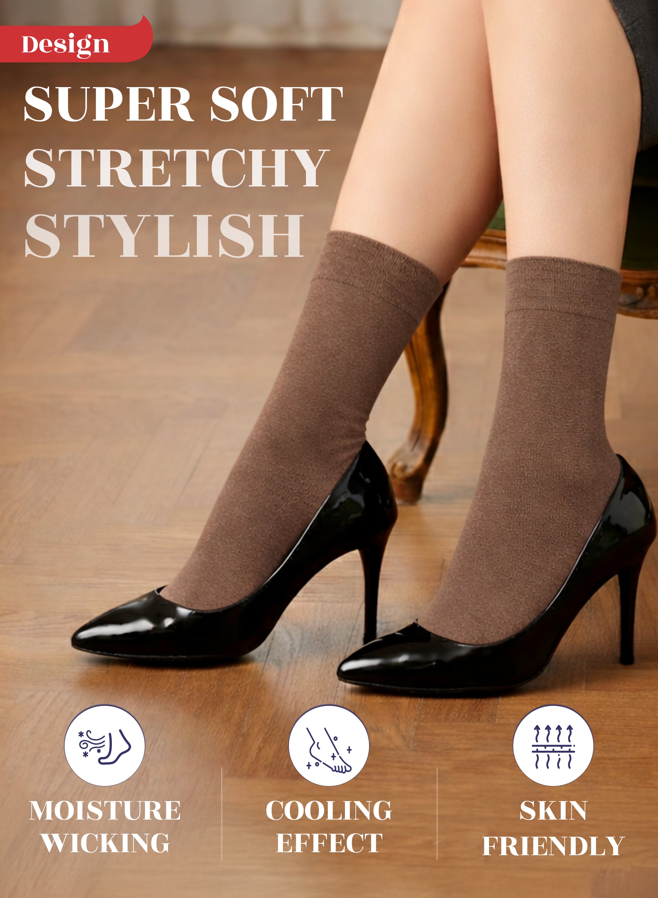 Brown socks worn with black high heels on a wooden floor, featuring text and icons about sock properties.