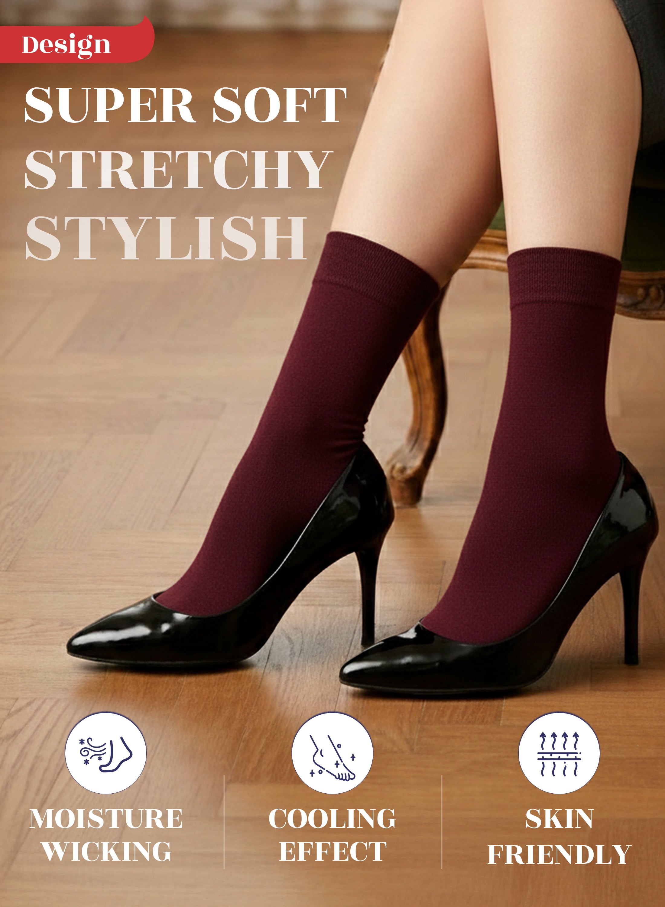 Burgundy socks worn with black high heels on a wooden floor, emphasizing softness, stretchiness, and style.