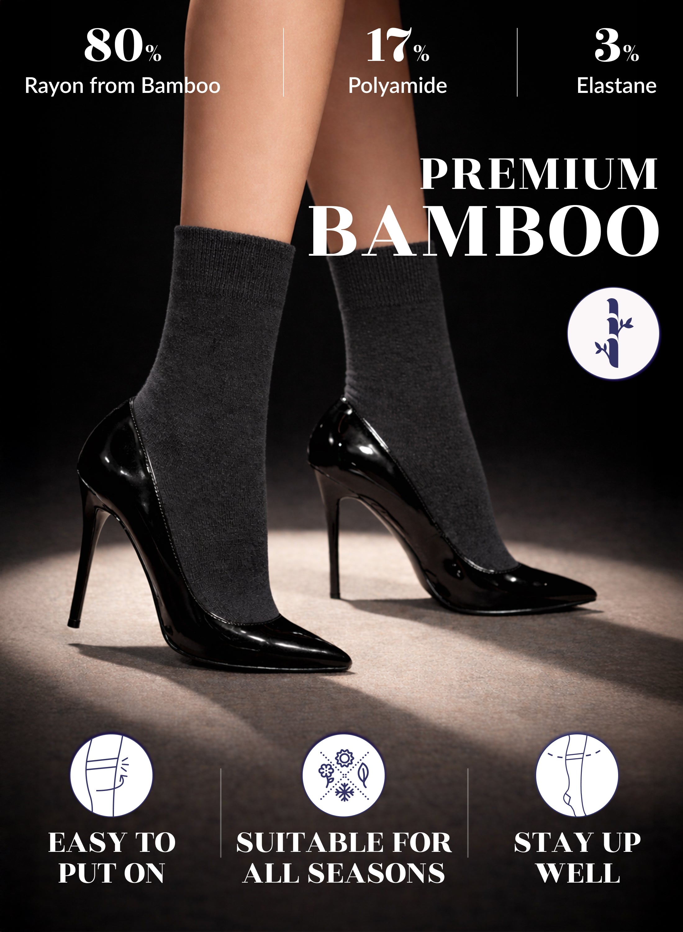 Charcoal bamboo socks with high heels on a dark background, featuring material composition and benefits.