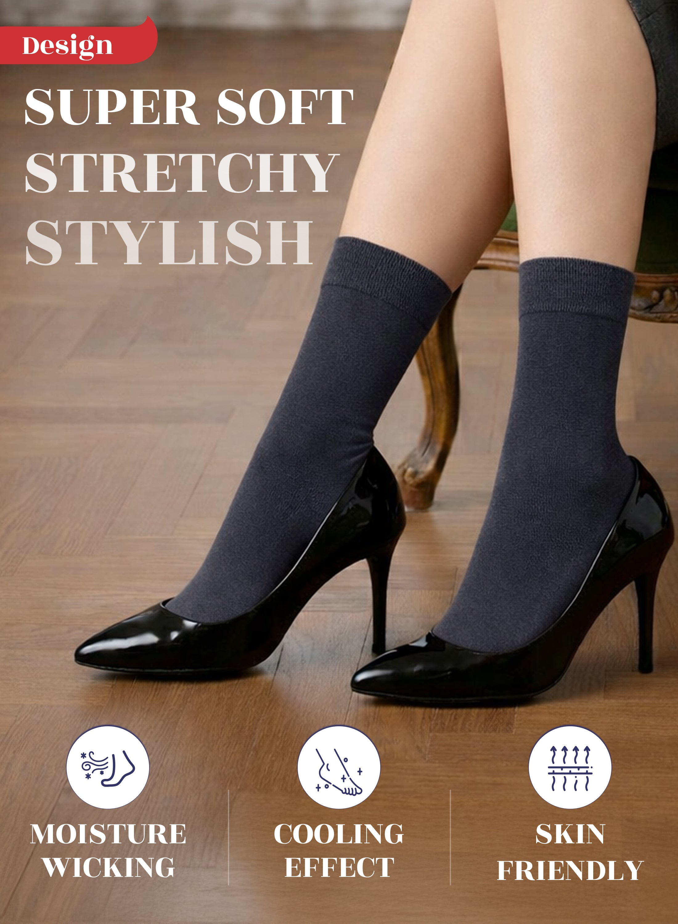 Charcoal grey socks worn with black high heels on a wooden floor, featuring text and icons about sock properties.