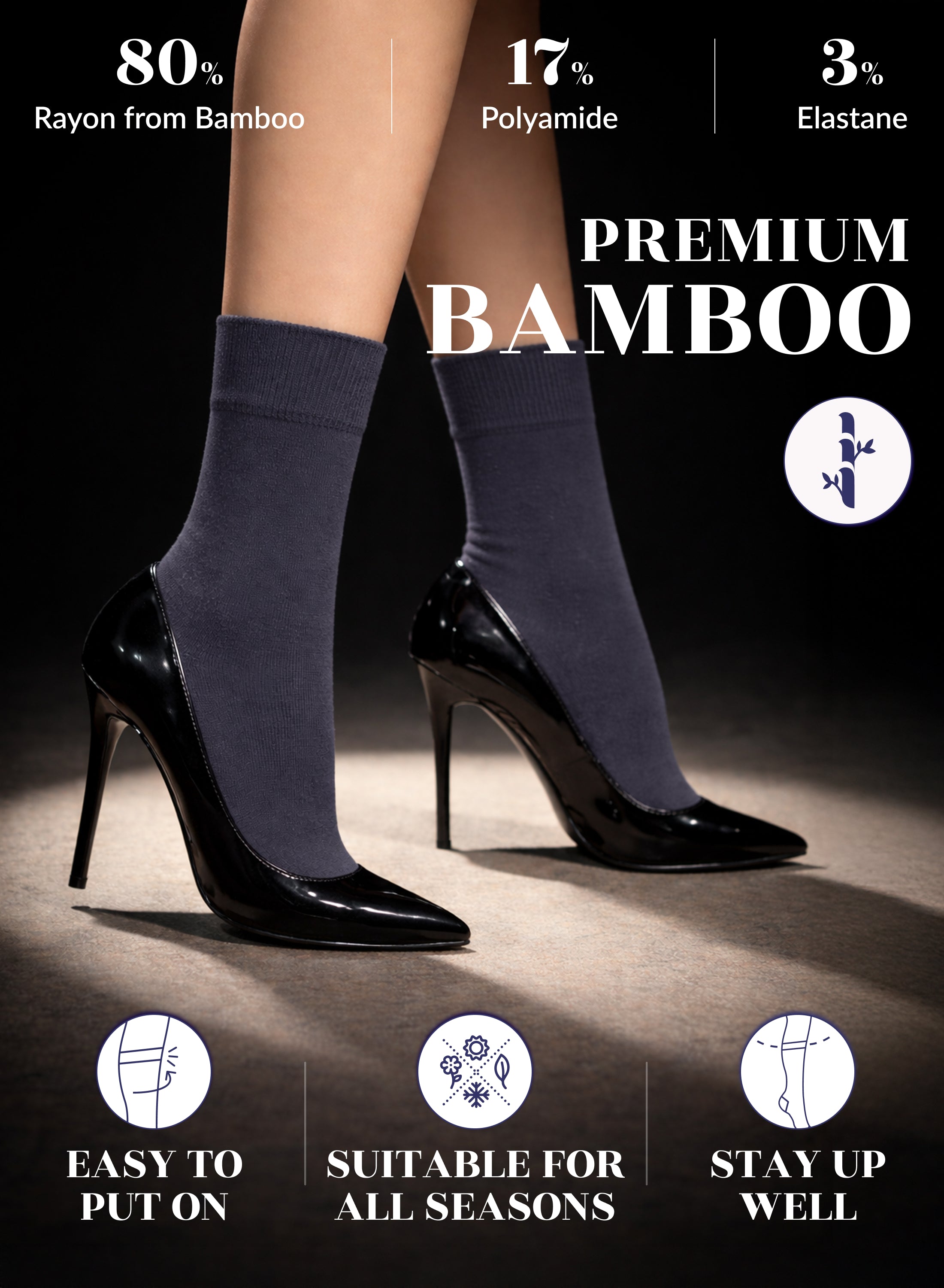 Charcoal grey socks worn with black high heels on a dark background, featuring text about material composition and sock benefits.