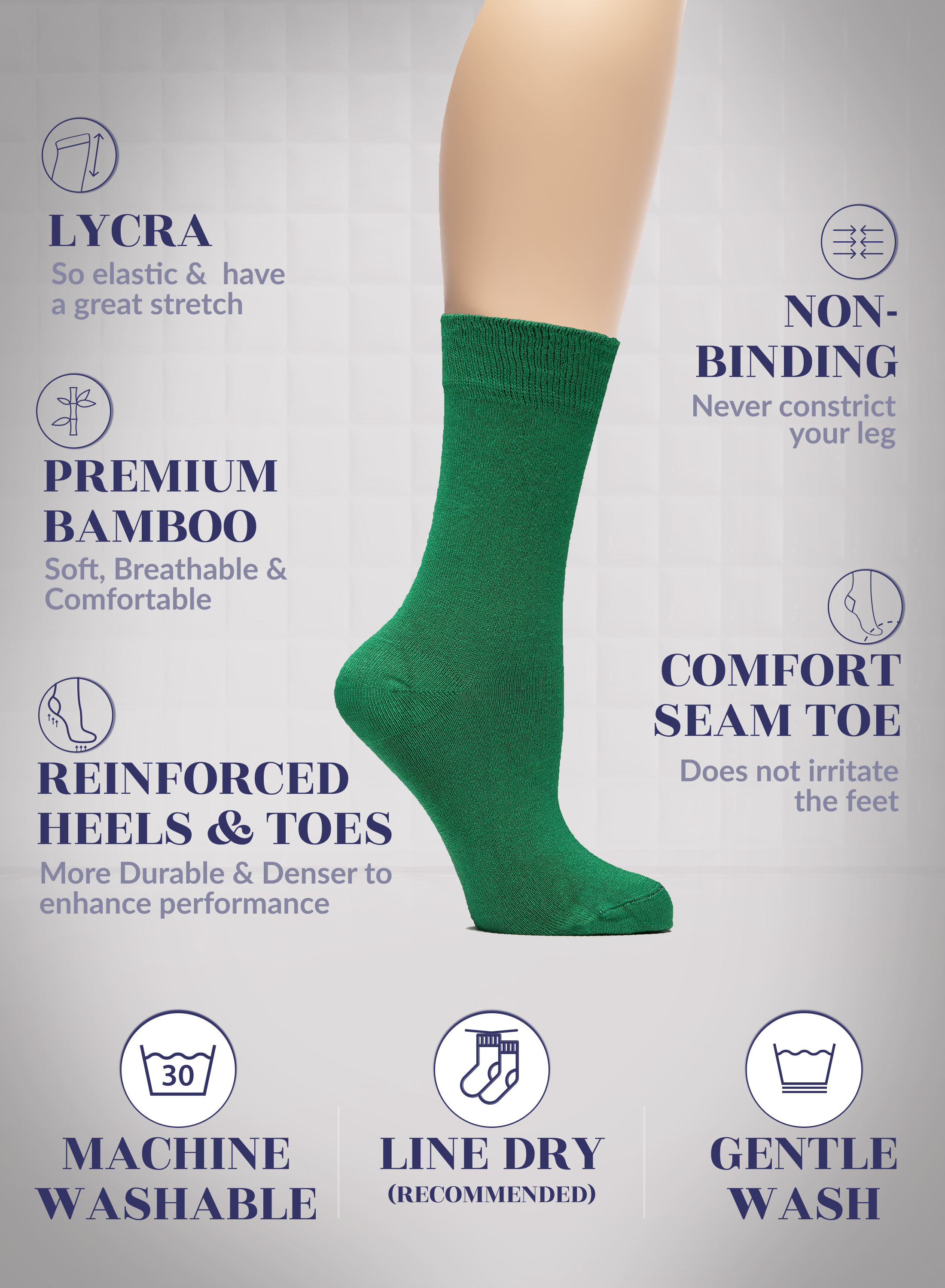 Christmas Green sock with text highlighting features on a gray background