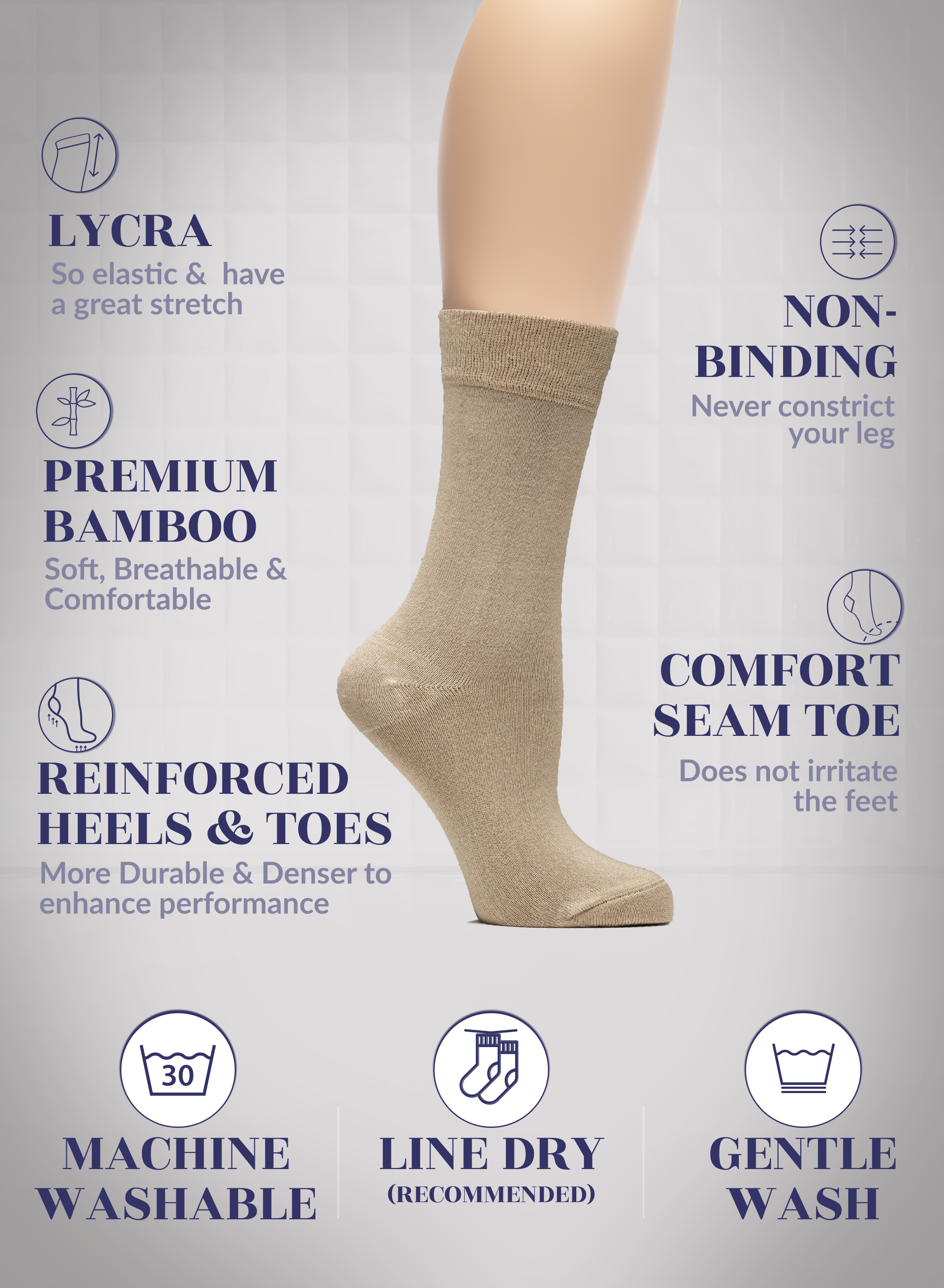 Dark Beige sock on a leg with text highlighting features like elasticity, comfort, and care instructions.