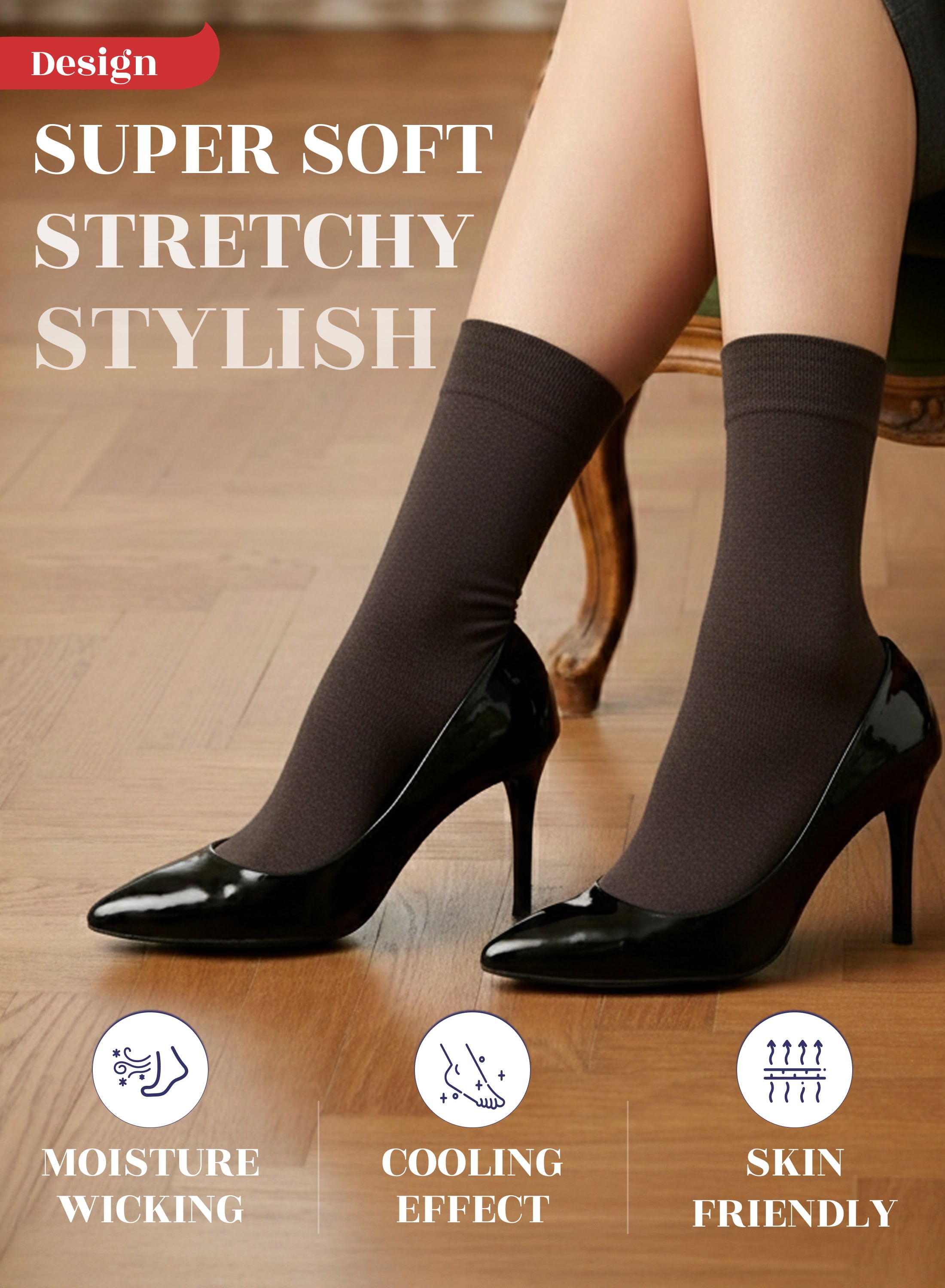 Dark gray socks worn with black high heels on a wooden floor, featuring text and icons about sock properties.