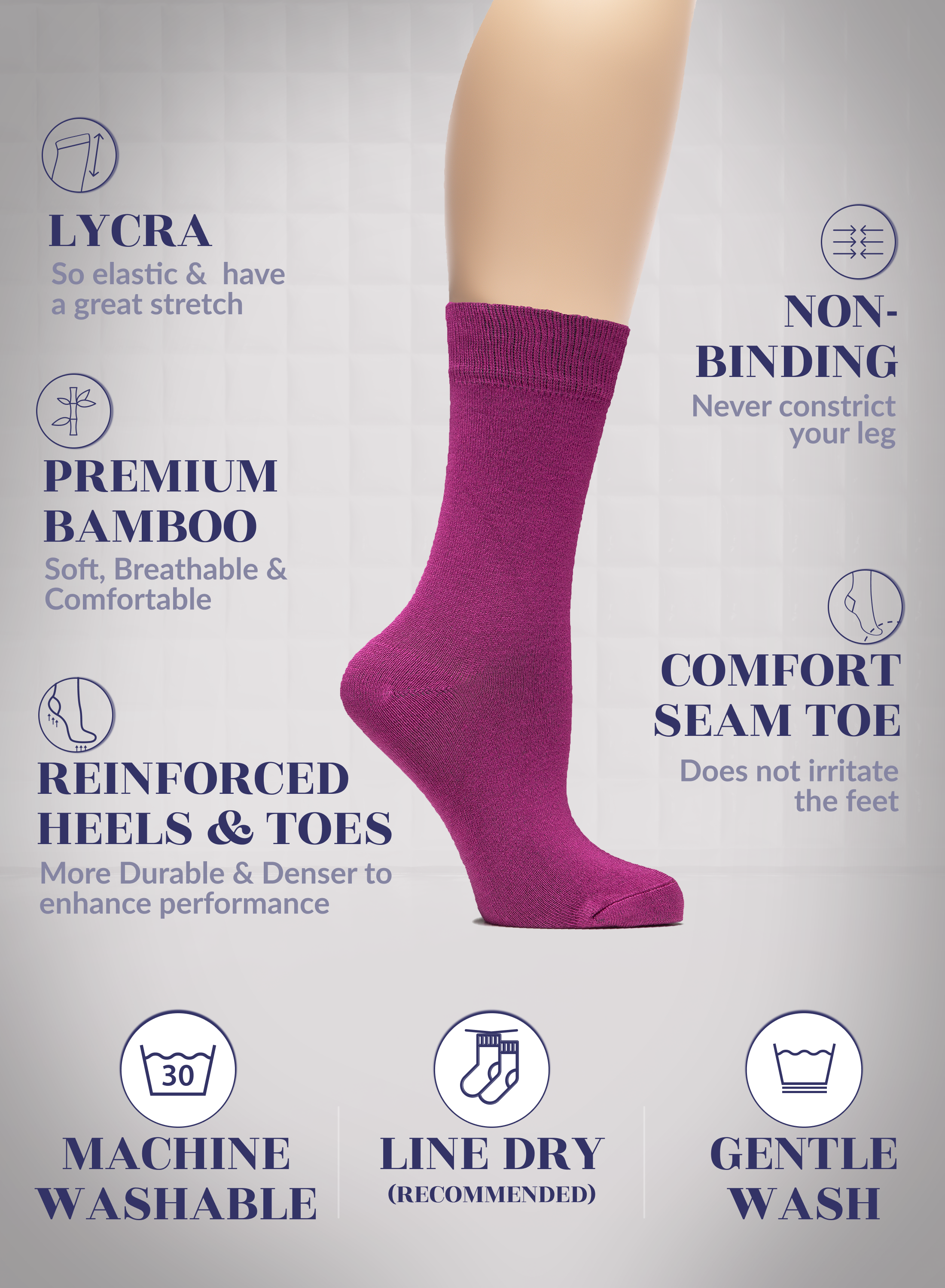 Fuchsia sock on a leg with text highlighting features like elasticity, comfort, and care instructions.