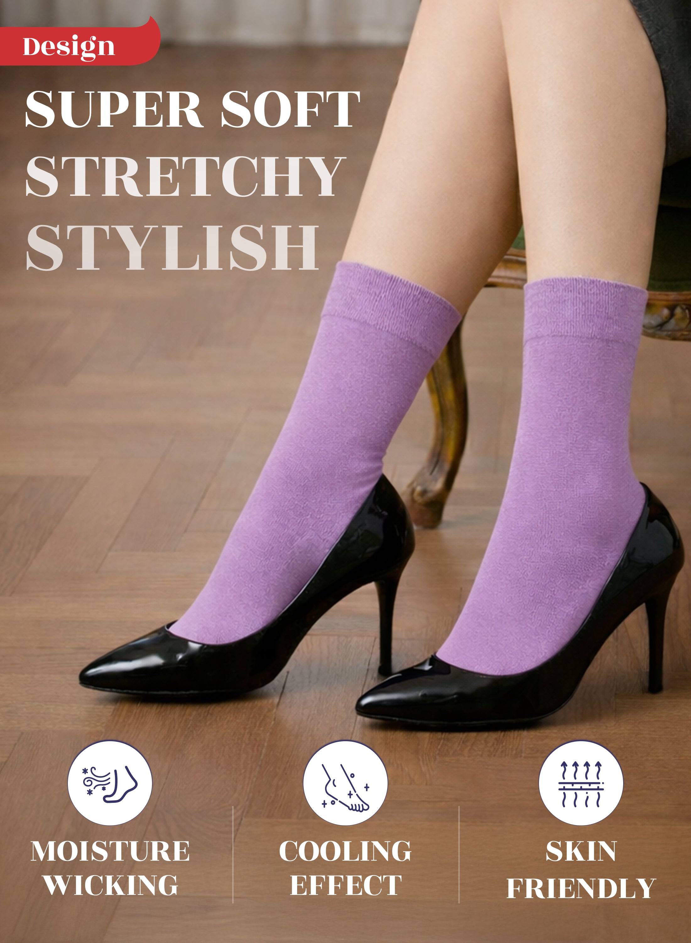 Lilac socks worn with black high heels on a wooden floor, featuring text and icons about sock properties.