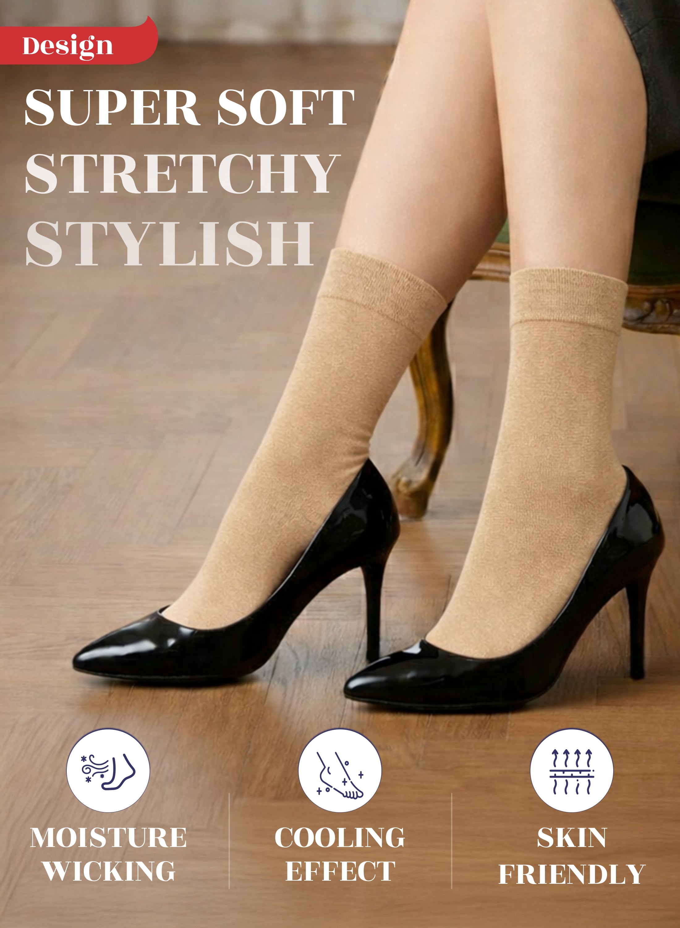Medium Beige socks worn with black high heels on a wooden floor, featuring text and icons about sock properties.