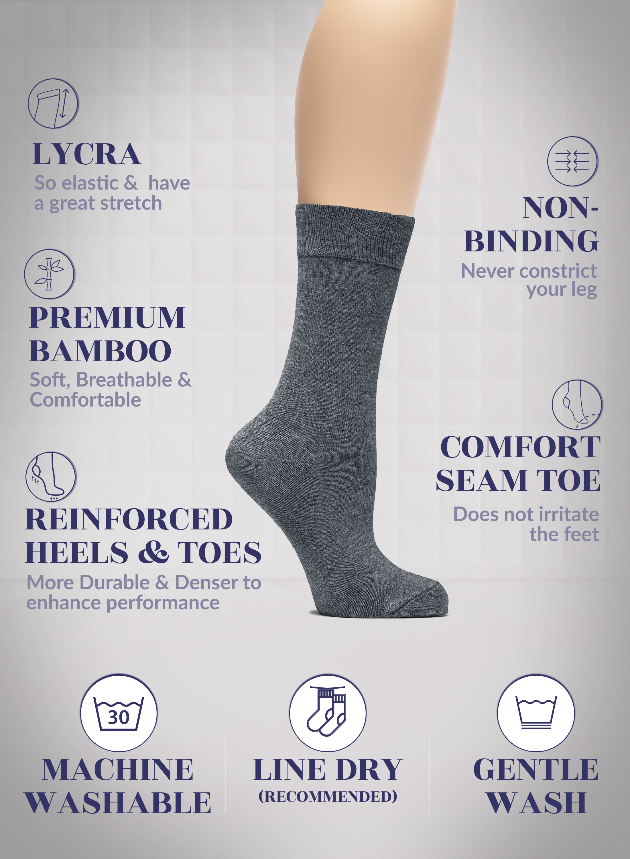 Melange Gray sock with text highlighting features on a light gray background
