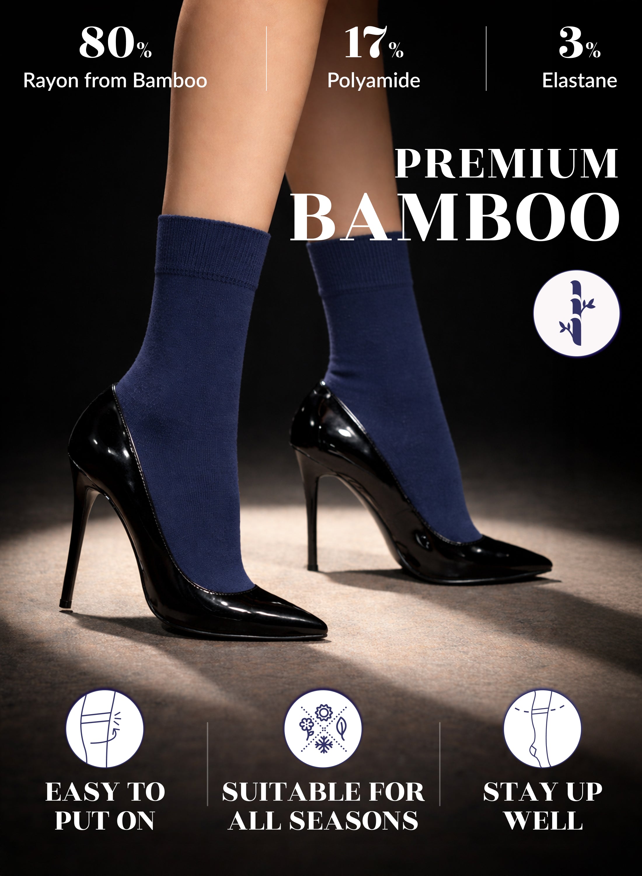 Navy Blue bamboo socks with high-heeled shoes on a dark background, featuring text about sock composition and benefits.