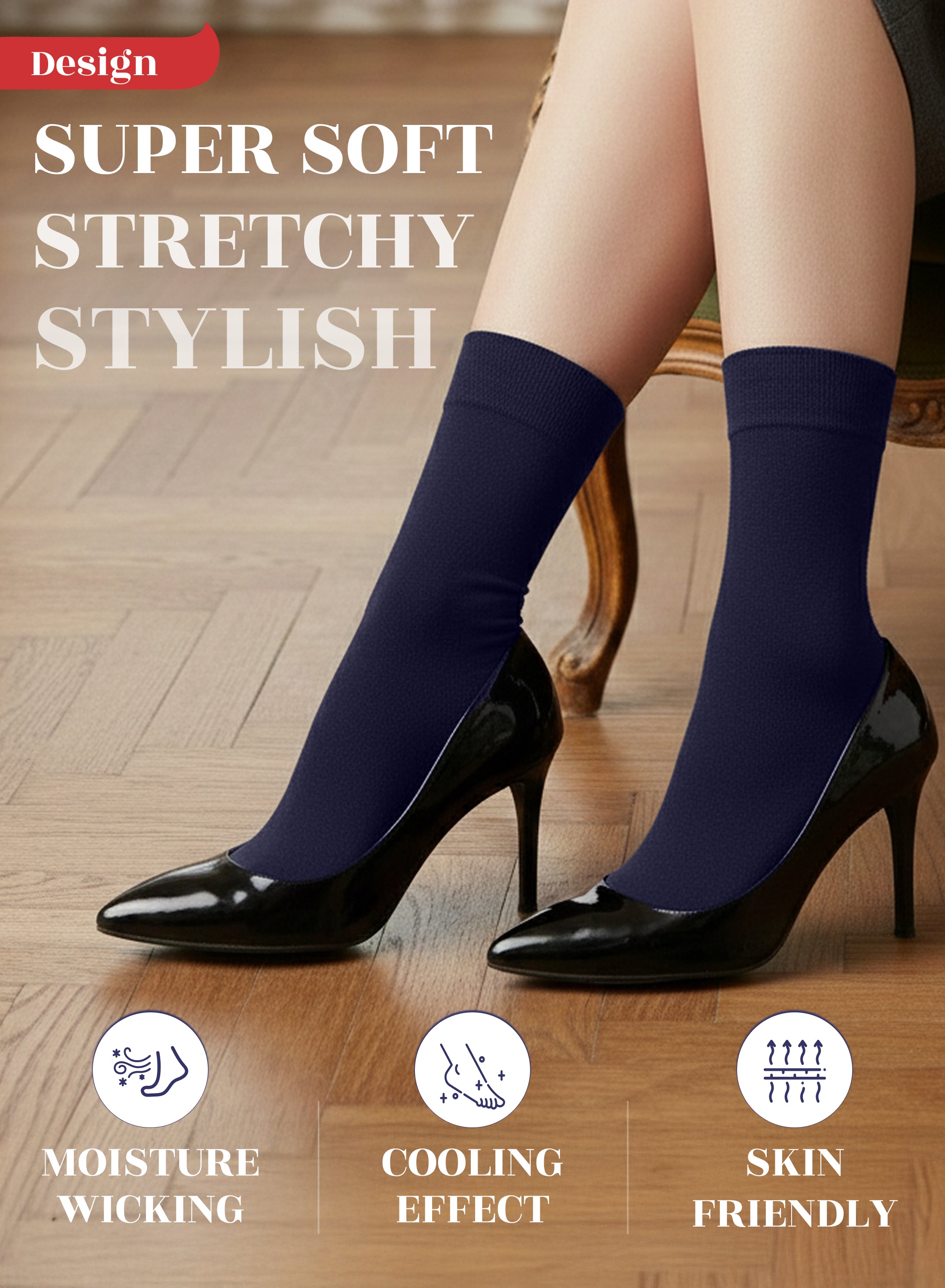 Navy blue socks worn with black high heels on a wooden floor, featuring text and icons about sock properties.