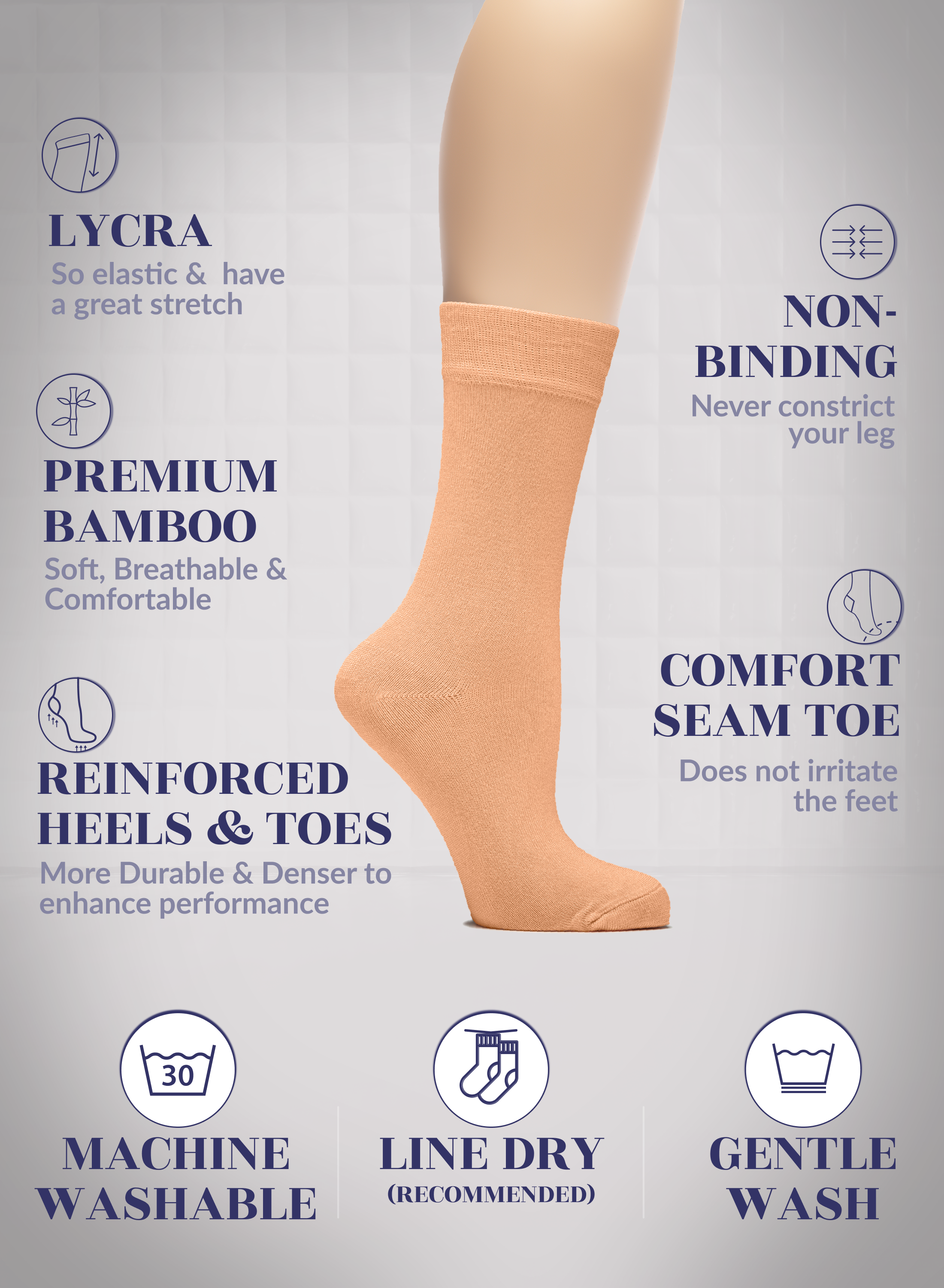 Peach Orange sock with text highlighting features on a light gray background