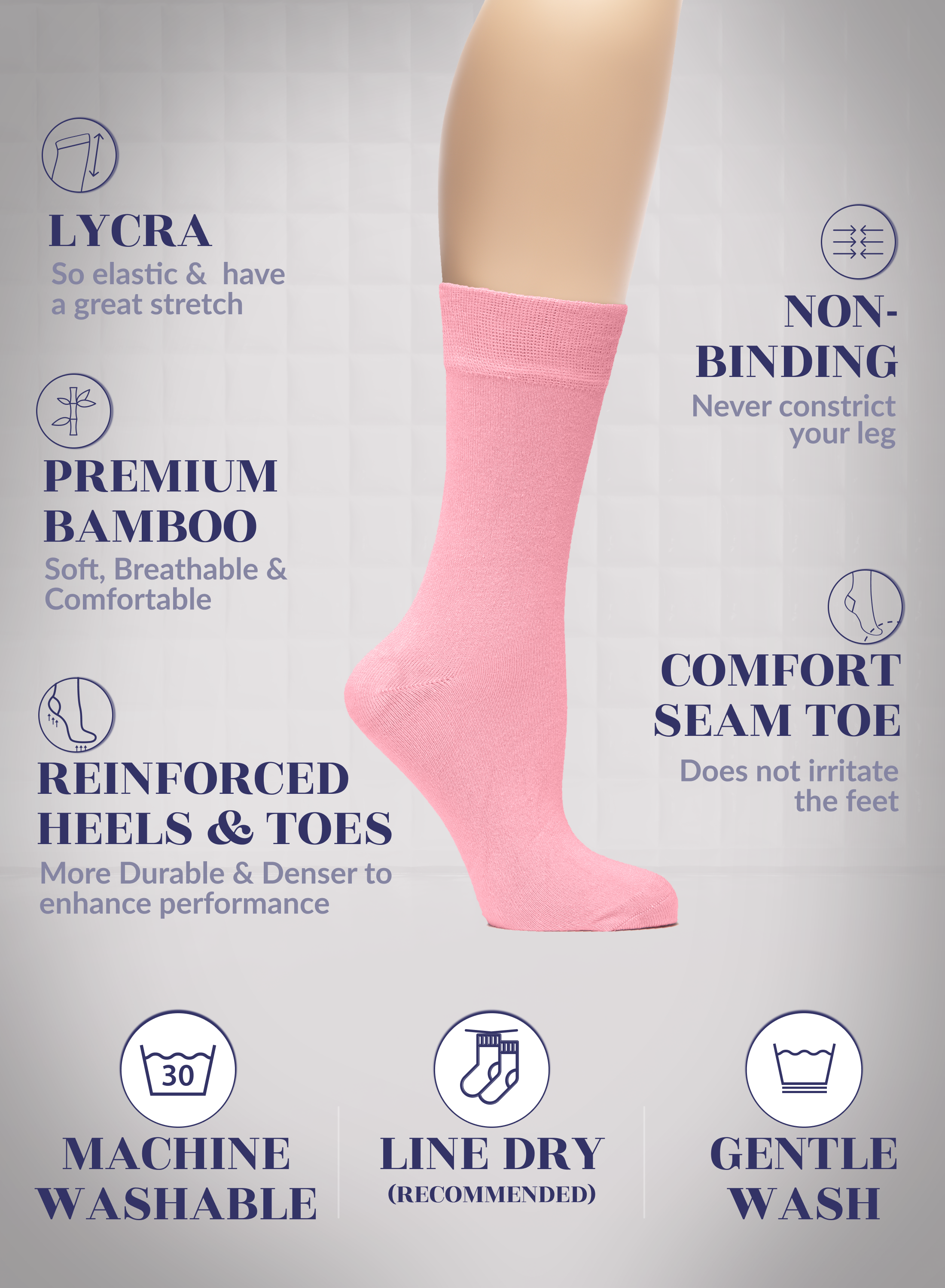 Pink sock on a gray background with text highlighting features like elasticity, comfort, and care instructions.