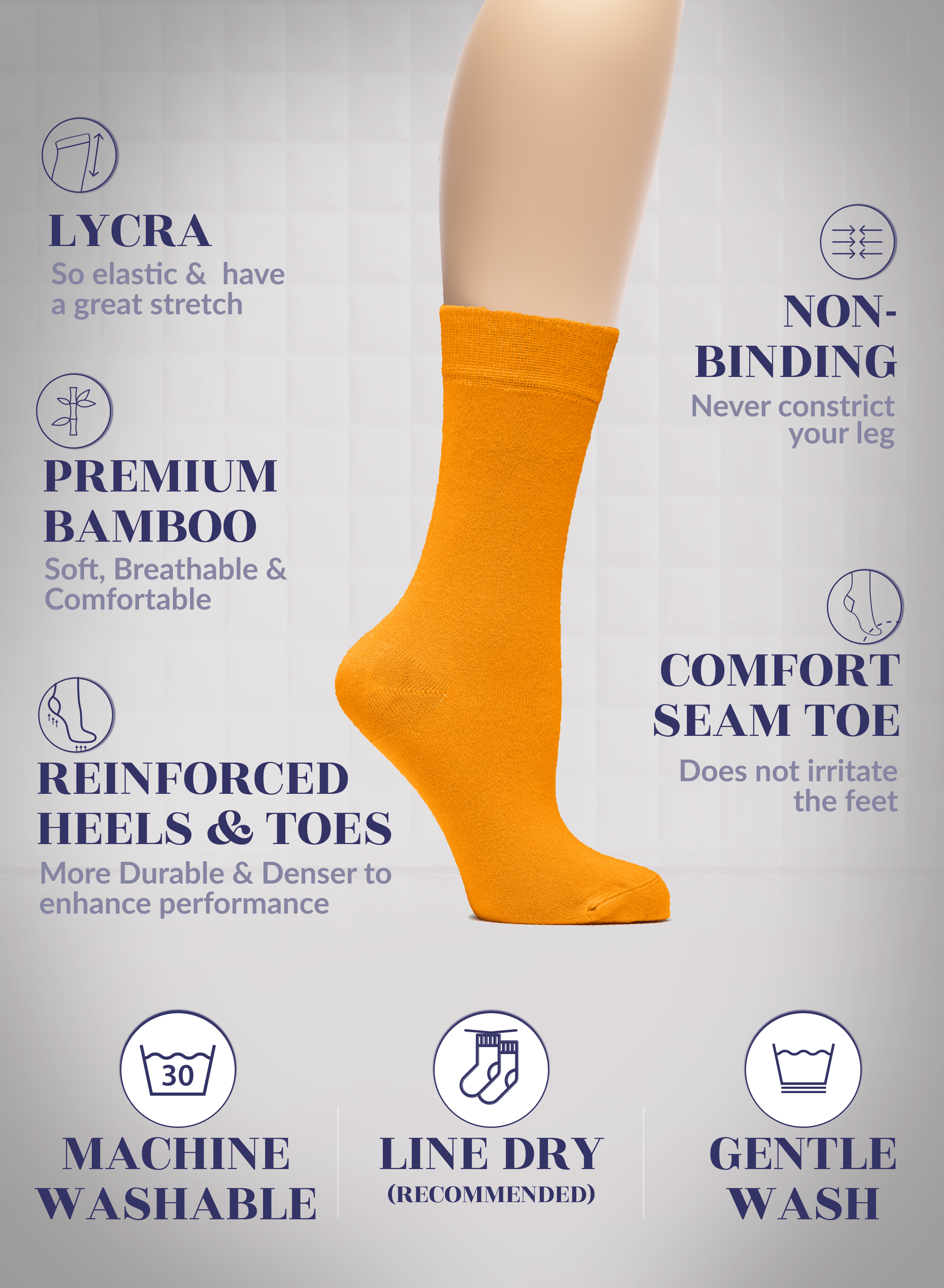 Pumpkin Orange sock with text highlighting features on a light gray background