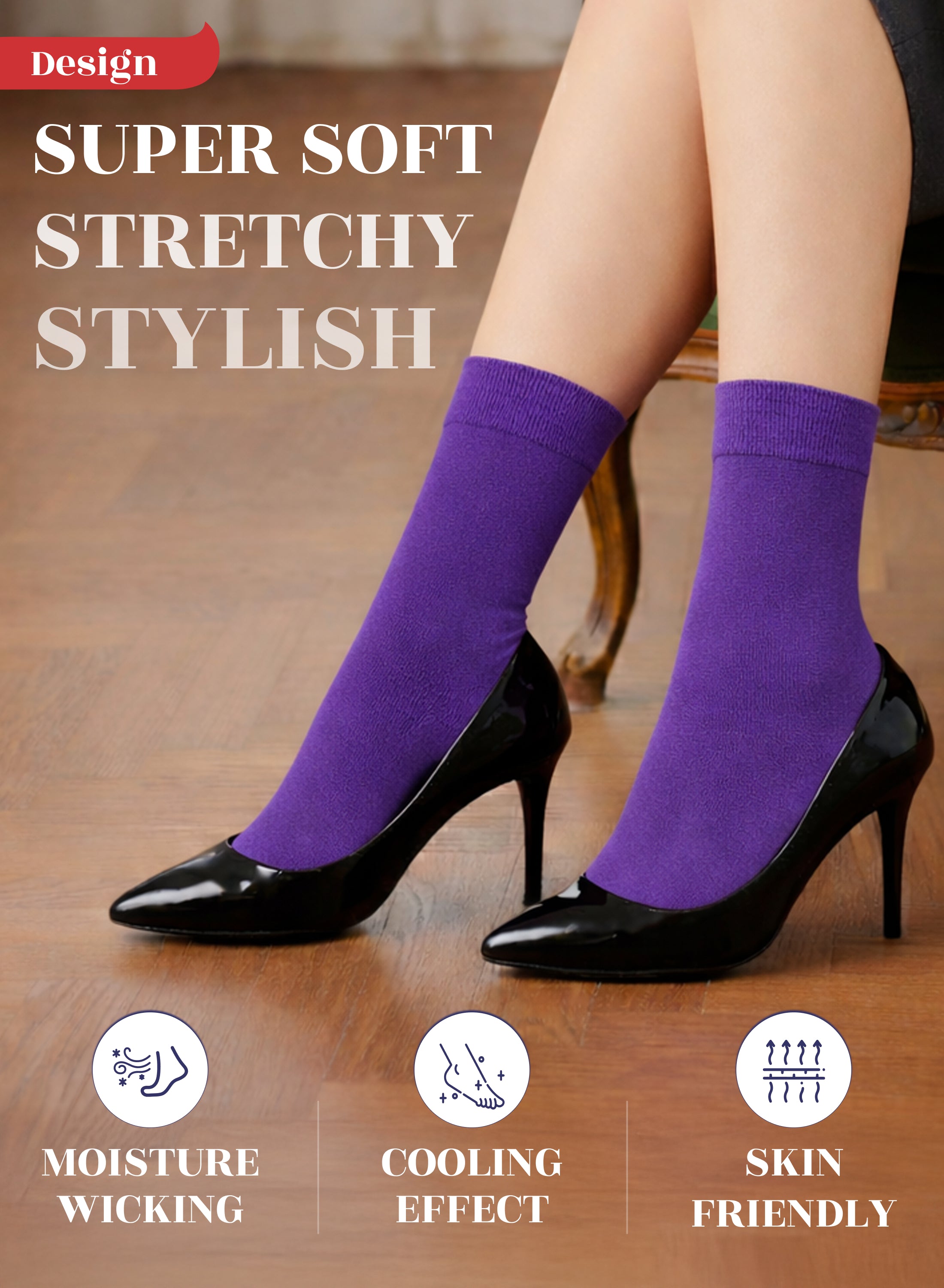 Purple socks worn with black high heels on a wooden floor, with text highlighting features.