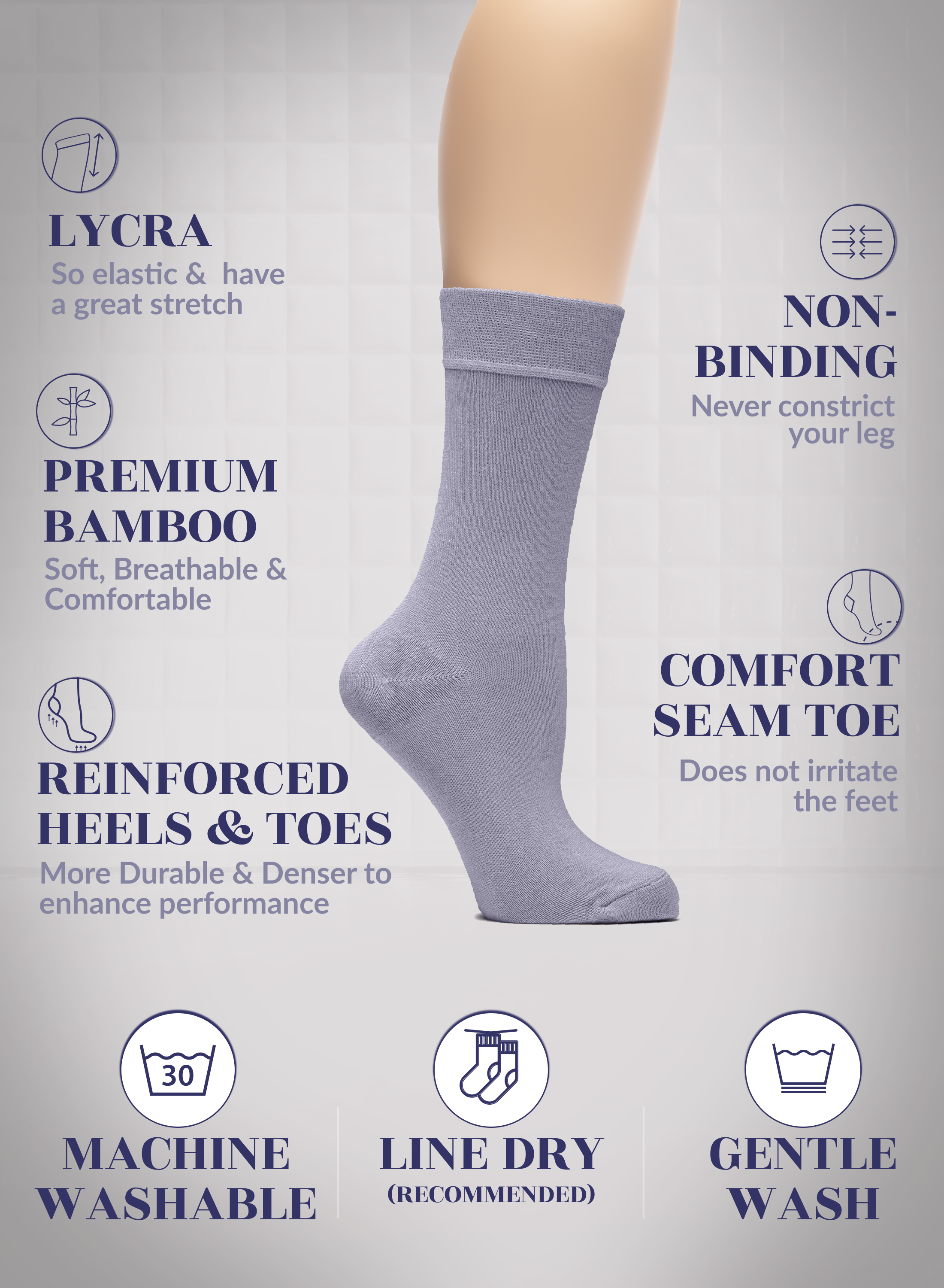 Purplish gray sock with text highlighting features on a light gray background