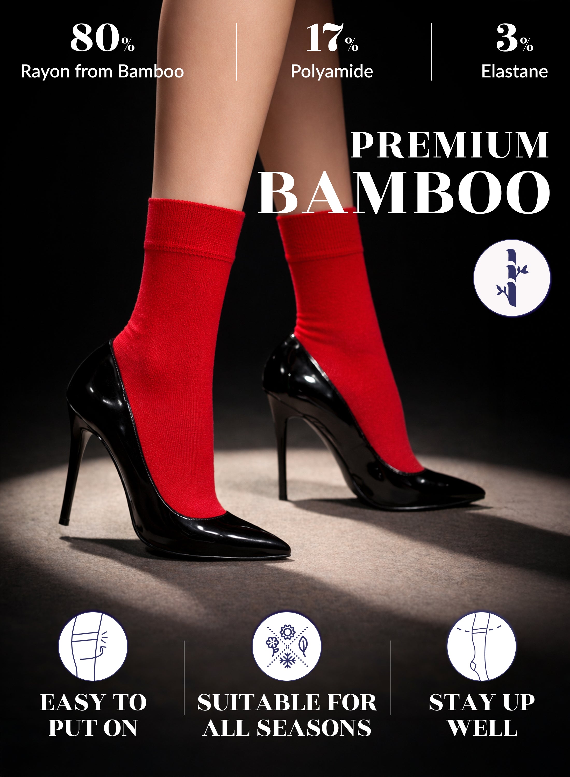 Red crew socks worn with black high heels on a dark background, featuring text about sock composition and benefits.