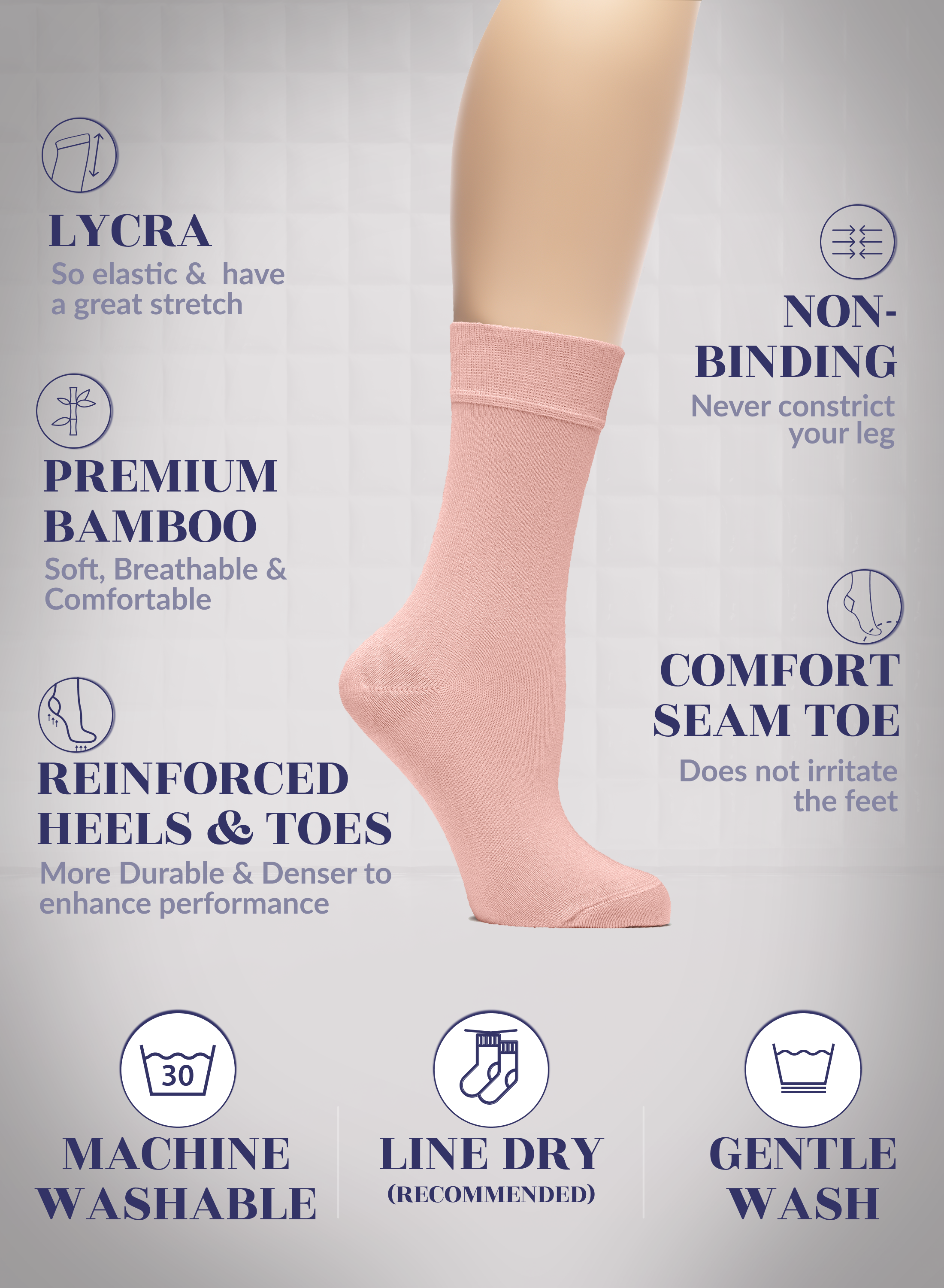 Rose Cloud sock on a leg with text highlighting features on a light gray background