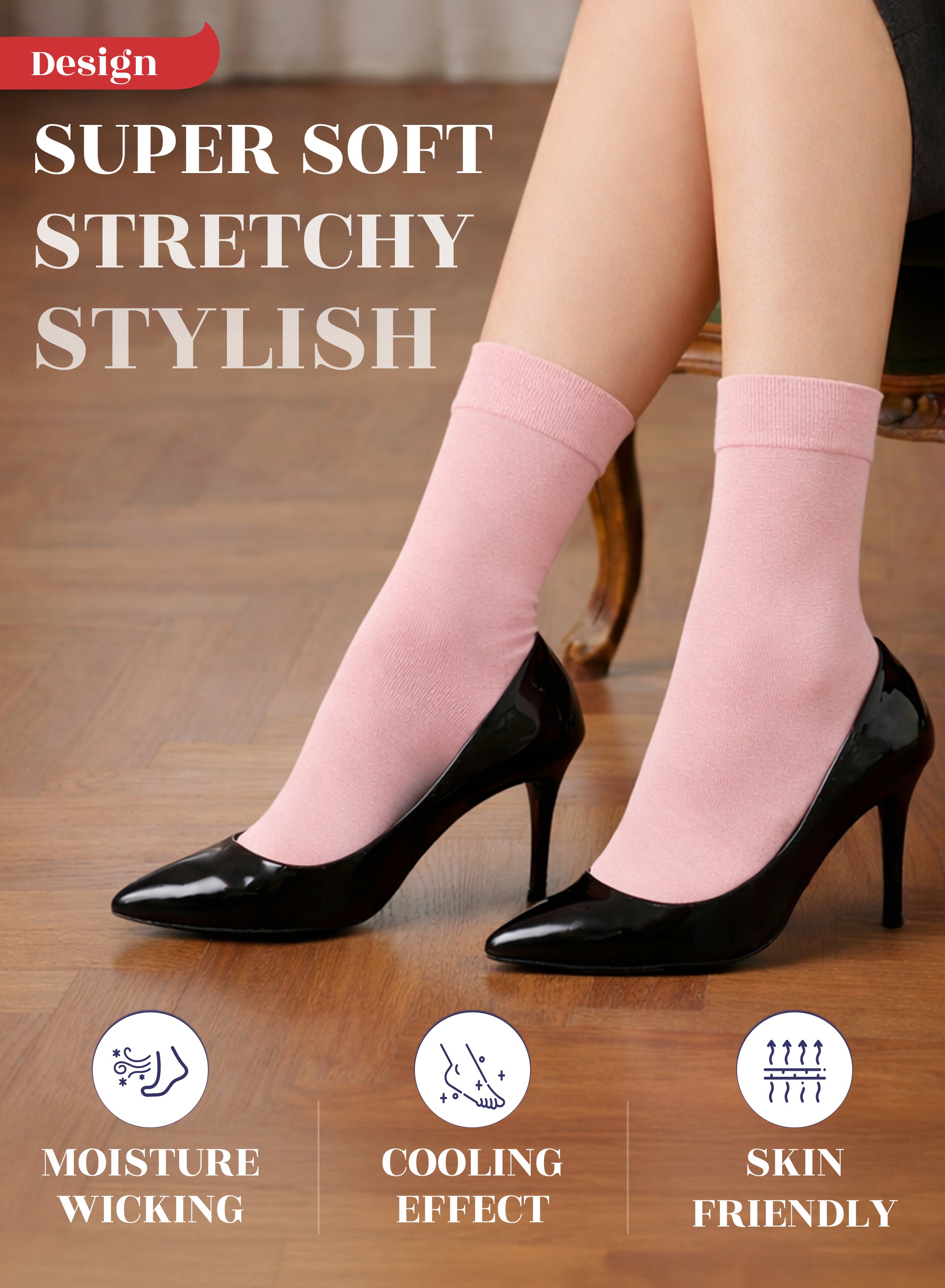 Rose Cloud socks worn with black high heels on a wooden floor, with text highlighting features.