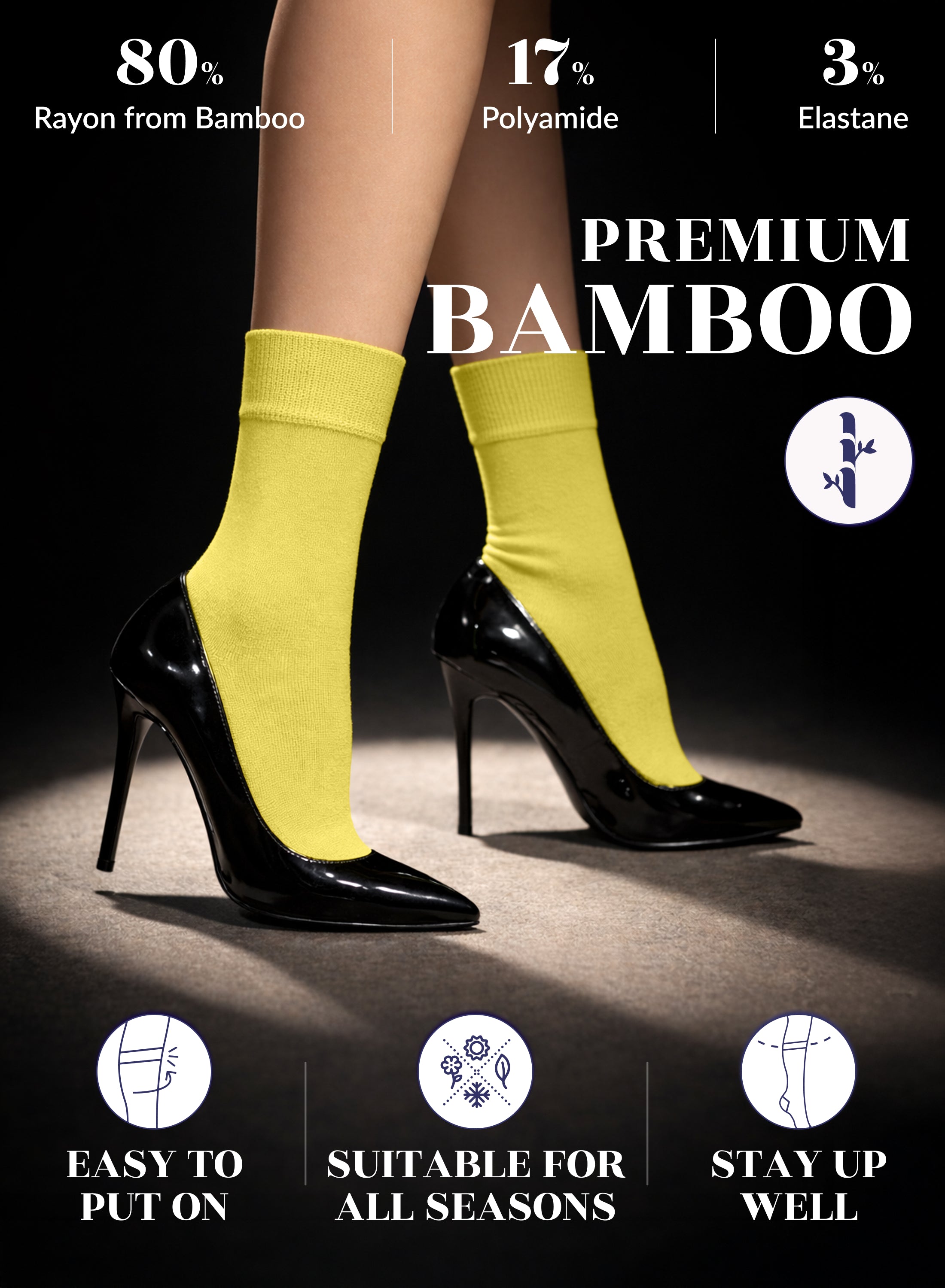 Yellow crew socks with black high heels on a dark background, featuring bamboo sock information.