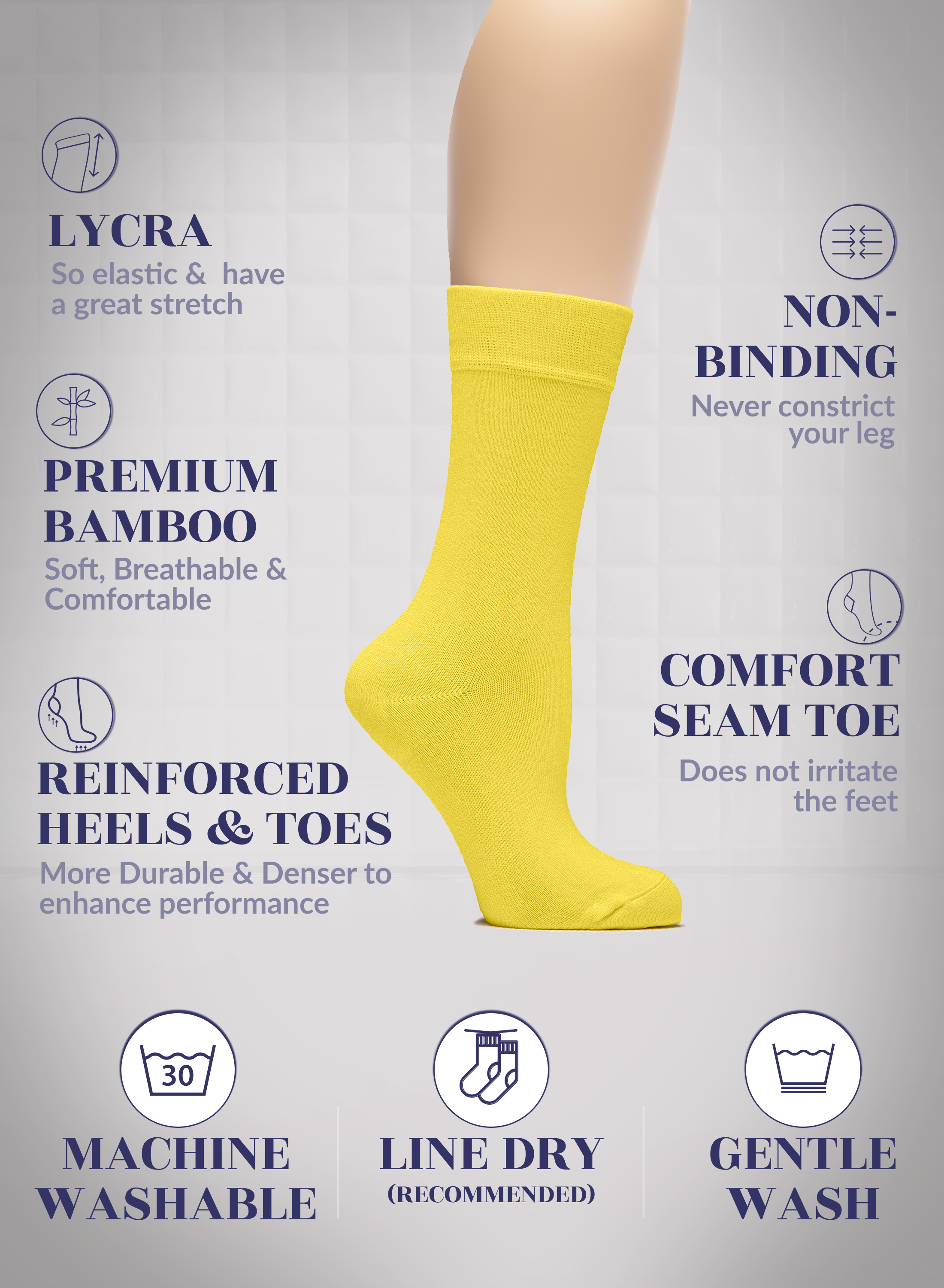 Yellow sock with text highlighting features on a light gray background