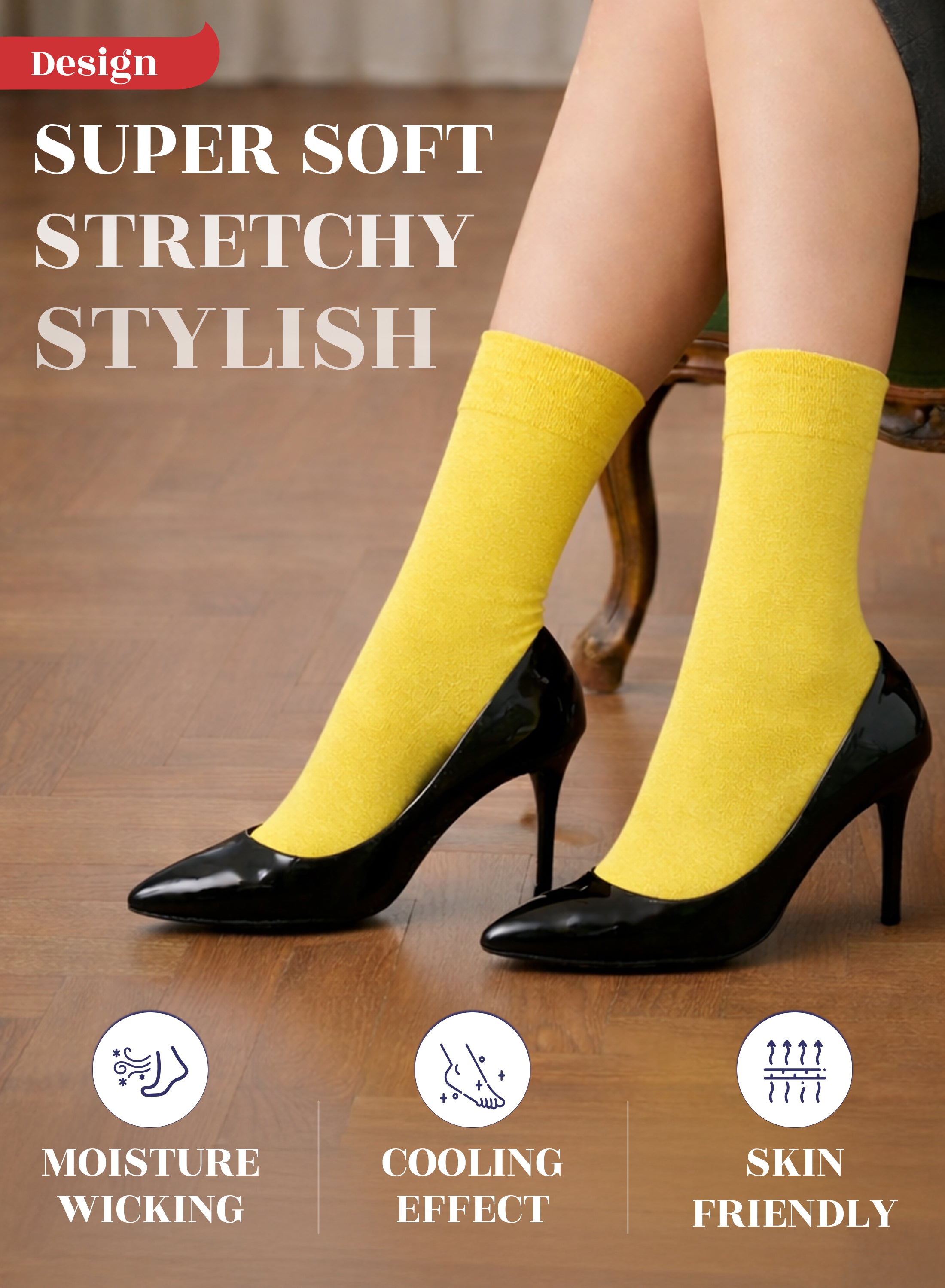 Yellow socks worn with black high heels on a wooden floor, featuring text and icons about sock properties.