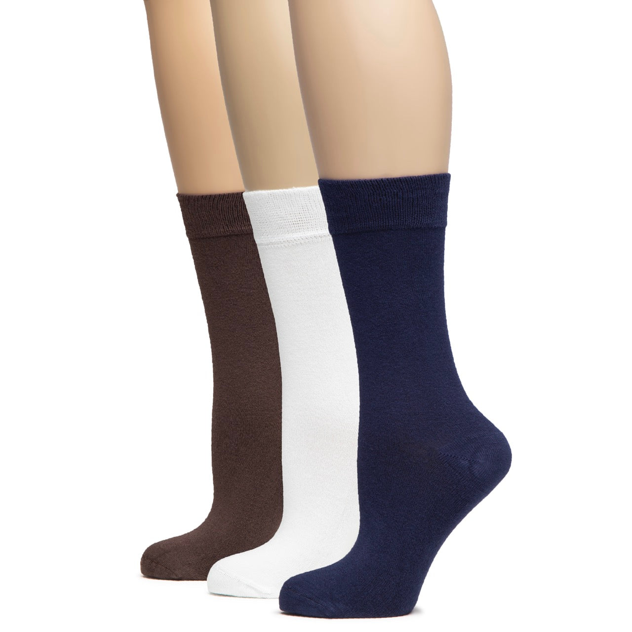 Three pairs of socks in brown, white, and navy on a beige background