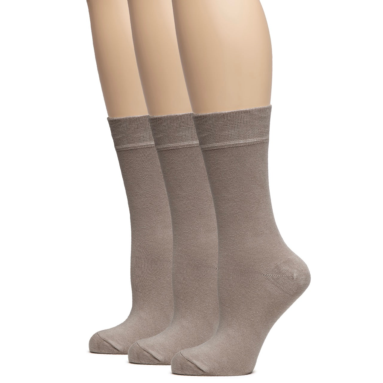 Three pairs of dark beige socks on a white background