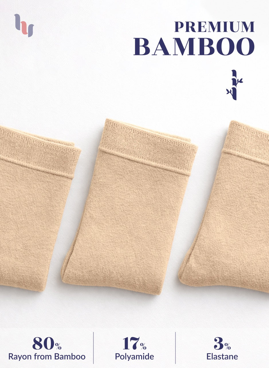 Three beige bamboo products on a white background with text indicating bamboo content.