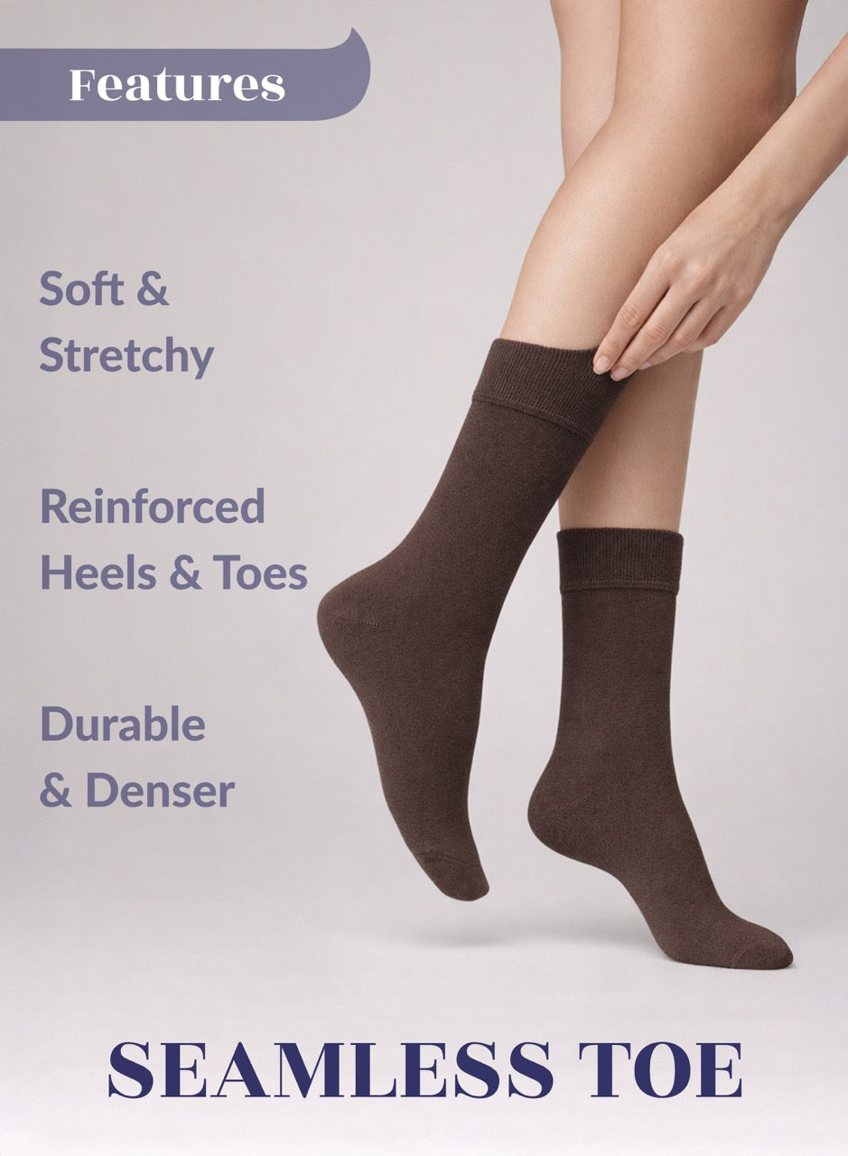Brown socks with text highlighting features on a light gray background