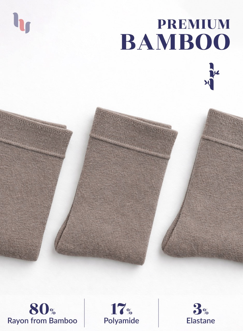 Three pairs of dark beige bamboo socks on a white background with product details.