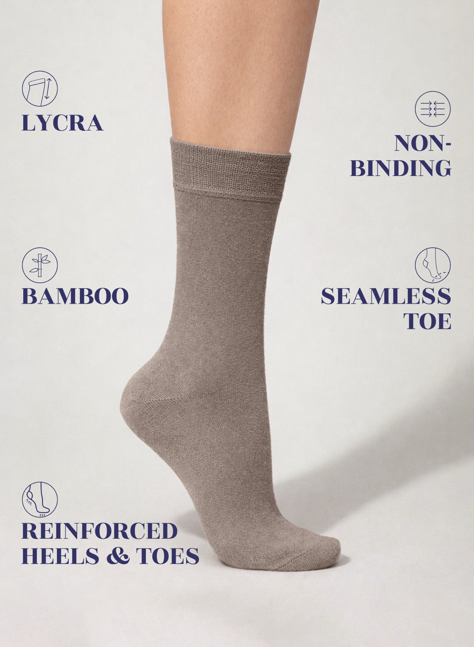 dark beige sock on a white background with text highlighting features like Lycra, non-binding, bamboo, seamless toe, and reinforced heels & toes.