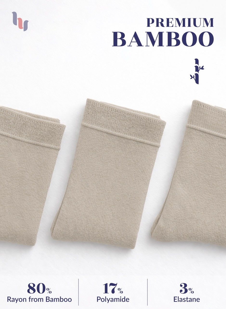 Three light beige fabric samples with bamboo text and成分信息 on a white background