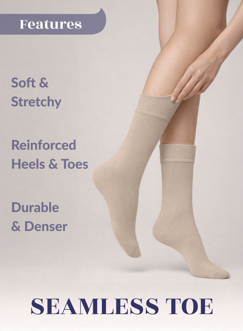 Light Beige socks with text highlighting features on a light gray background