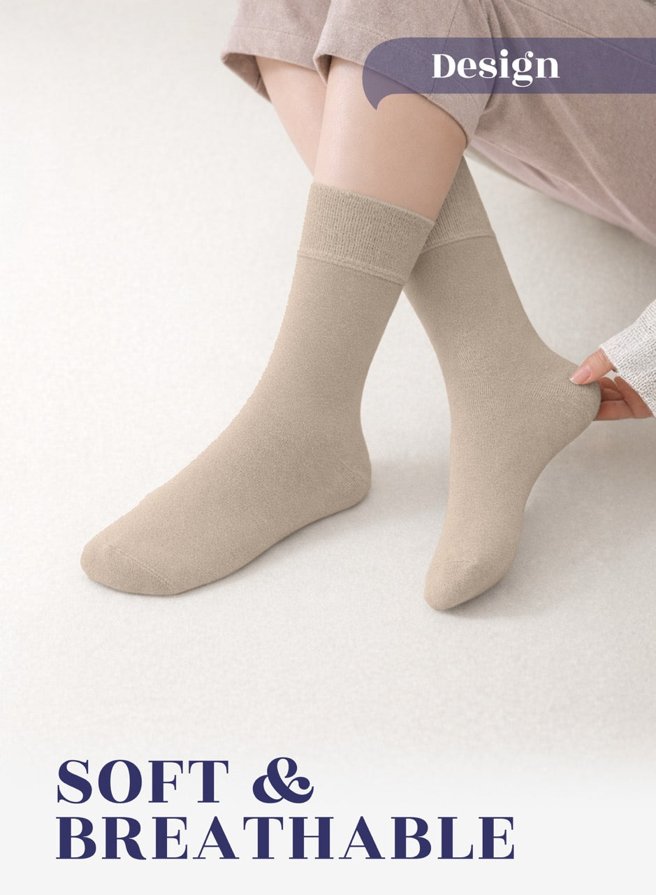 Light Beige socks worn by a person on a white background with 'Soft & Breathable' text.