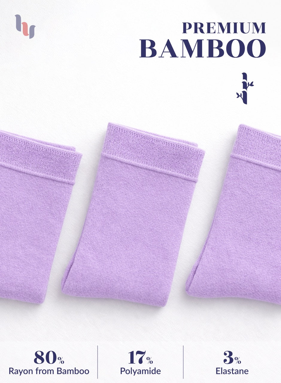 Three lilac fabric samples with bamboo text and on a white background