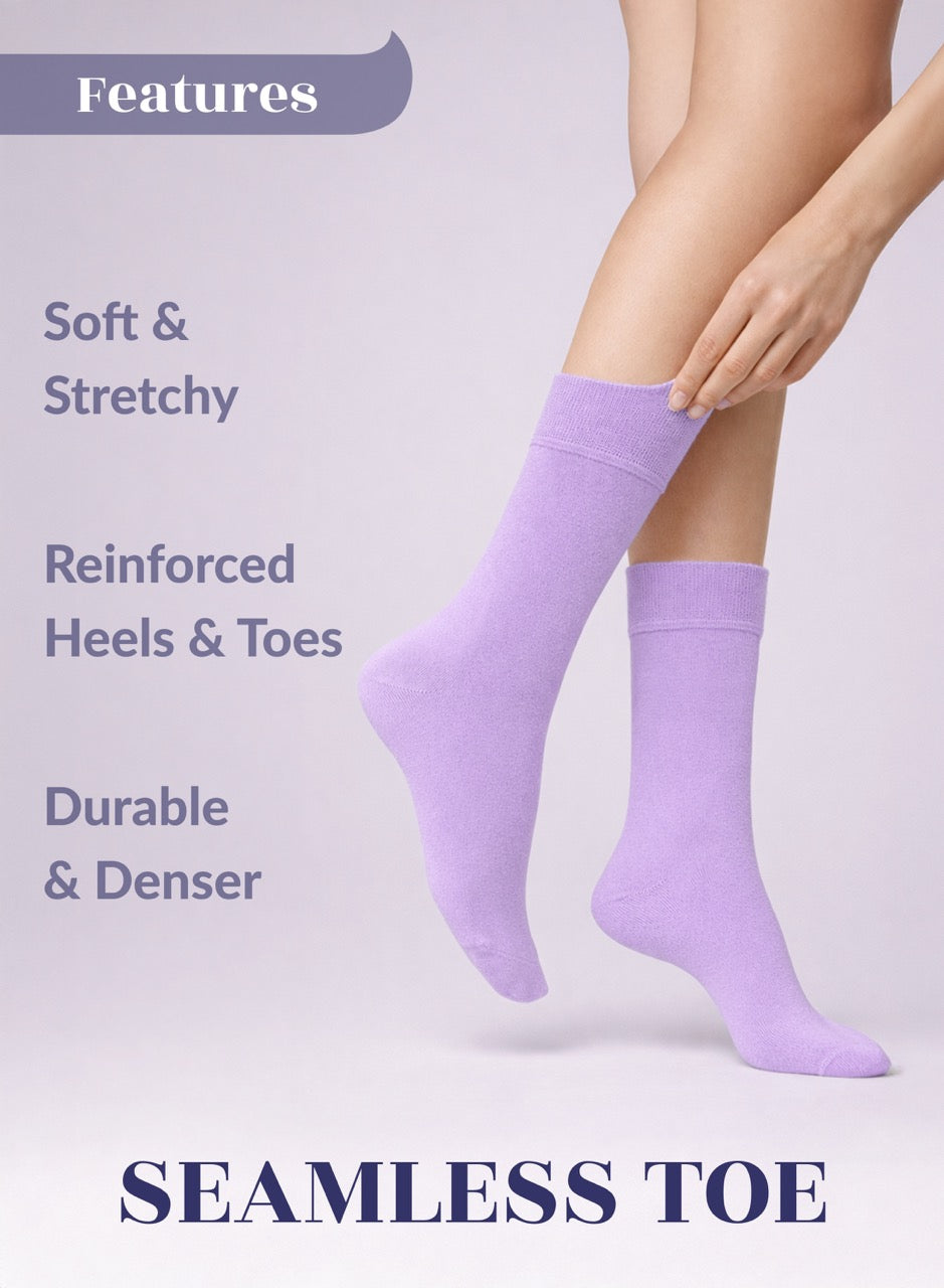 Lilac socks being worn with text highlighting features on a light purple background