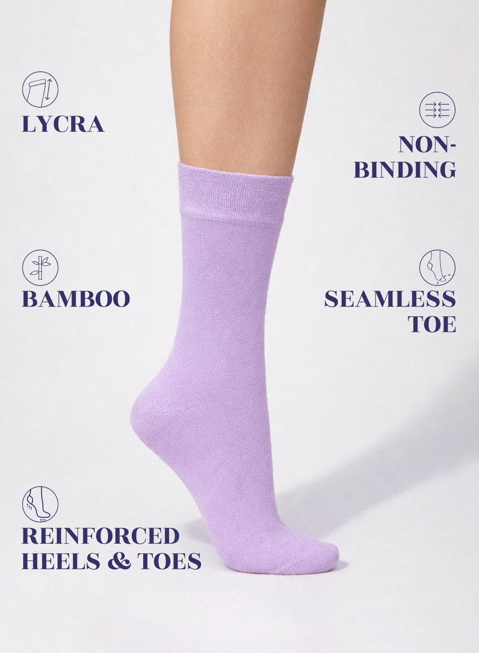 Lilac sock on a white background with text highlighting features like Lycra, Bamboo, Non-Binding, Seamless Toe, and Reinforced Heels & Toes.