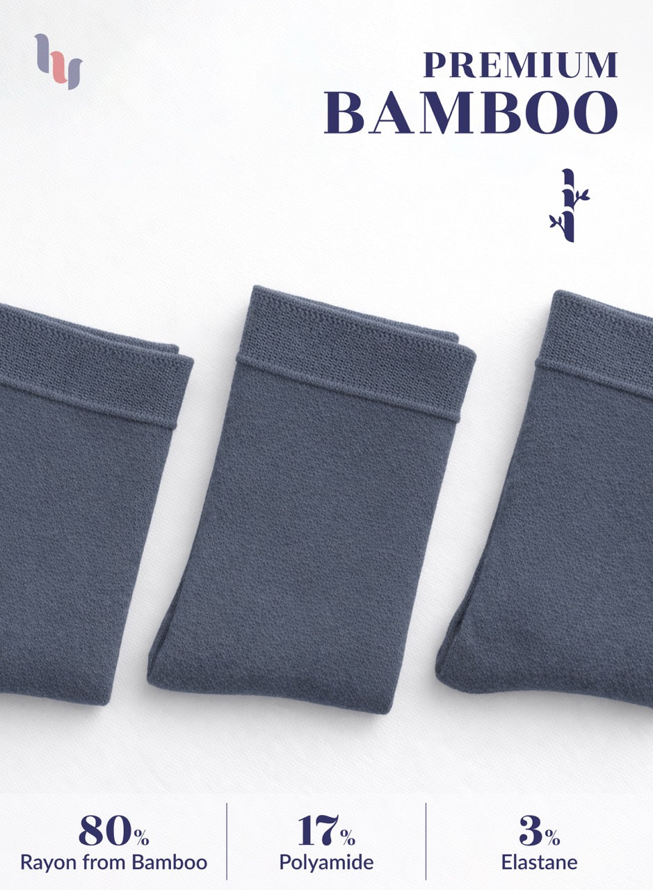Folded medium gray bamboo socks on a white background with product details.