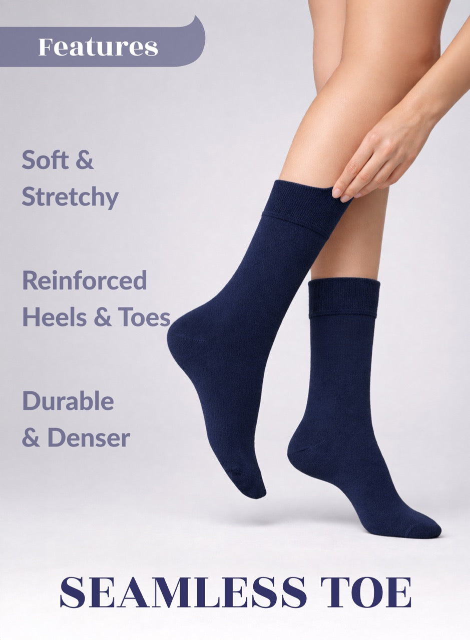 Navy blue socks with text highlighting features on a light gray background