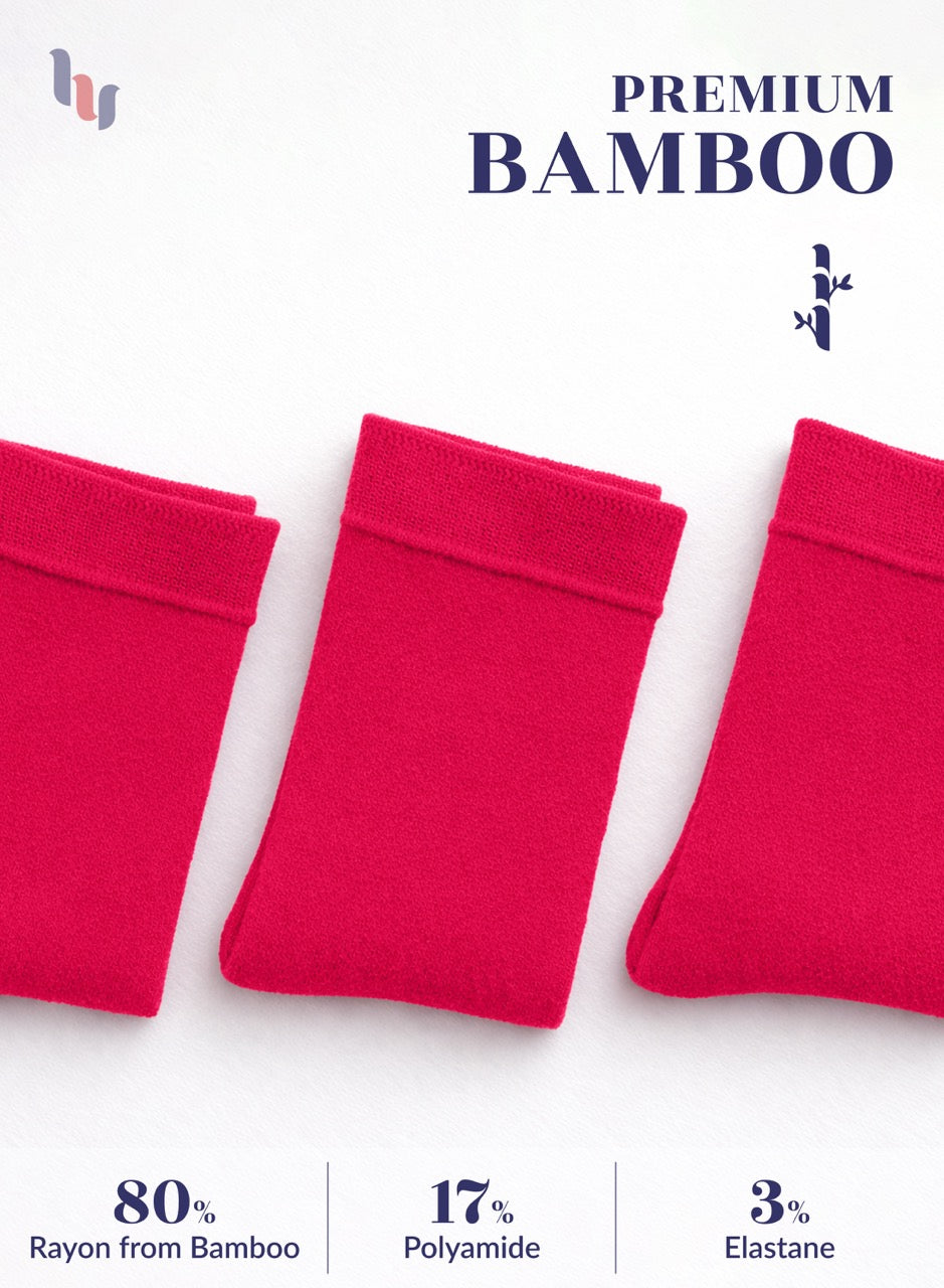 raspberry red bamboo socks on a white background with product details.