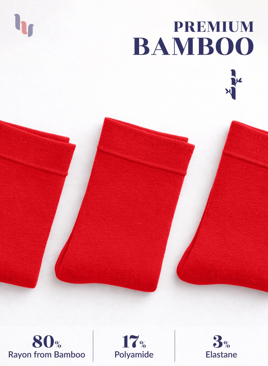 Red bamboo socks on a white background with product details.