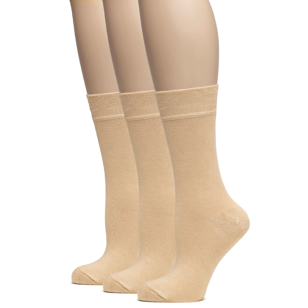 Beige crew socks on a white background