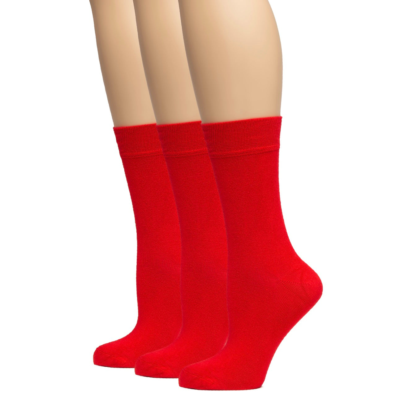 Red socks worn on a white background