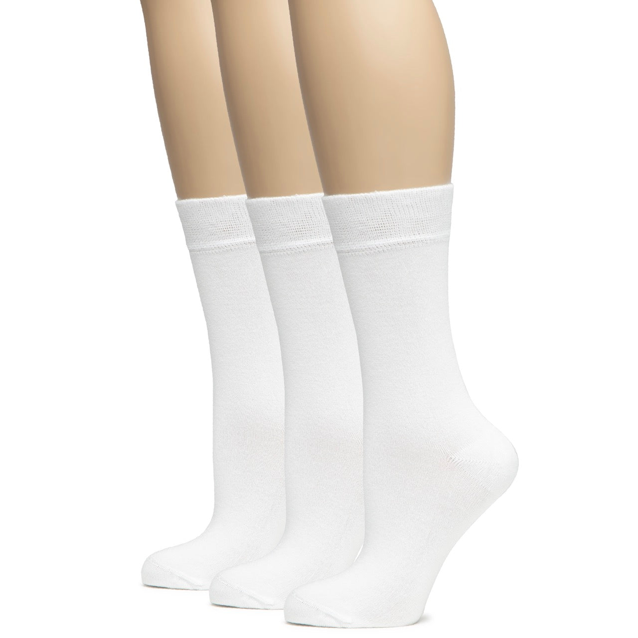 White crew socks worn by a person on a white background
