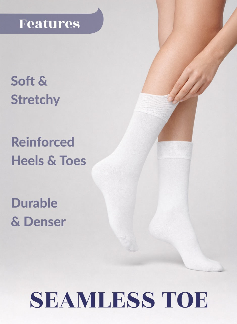 White socks with text highlighting features on a light gray background
