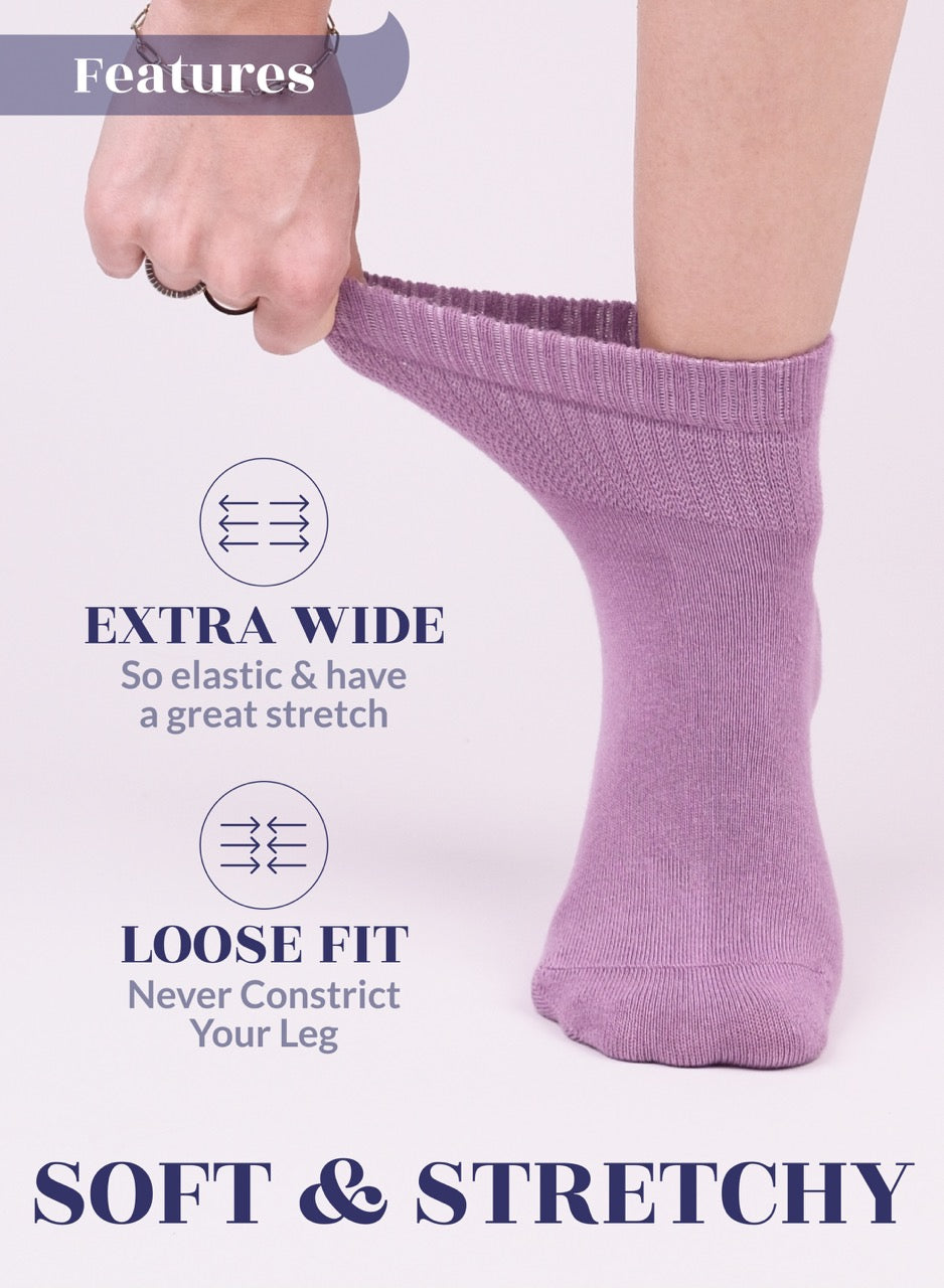 Lilac sock being worn with text highlighting features on a white background